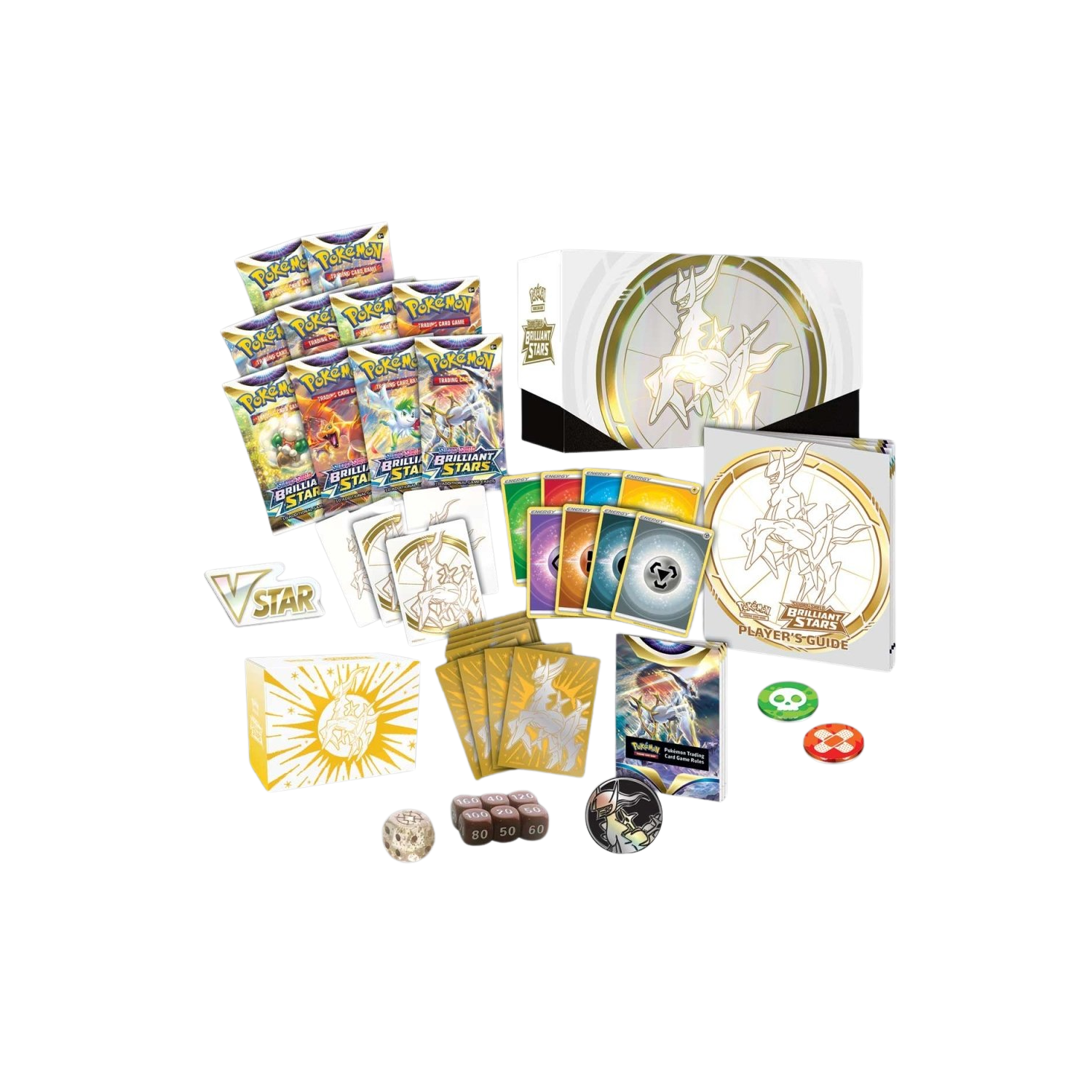Pokémon Center Elite Trainer Box, Brilliant Stars. White and yellow with a golden Arceus.