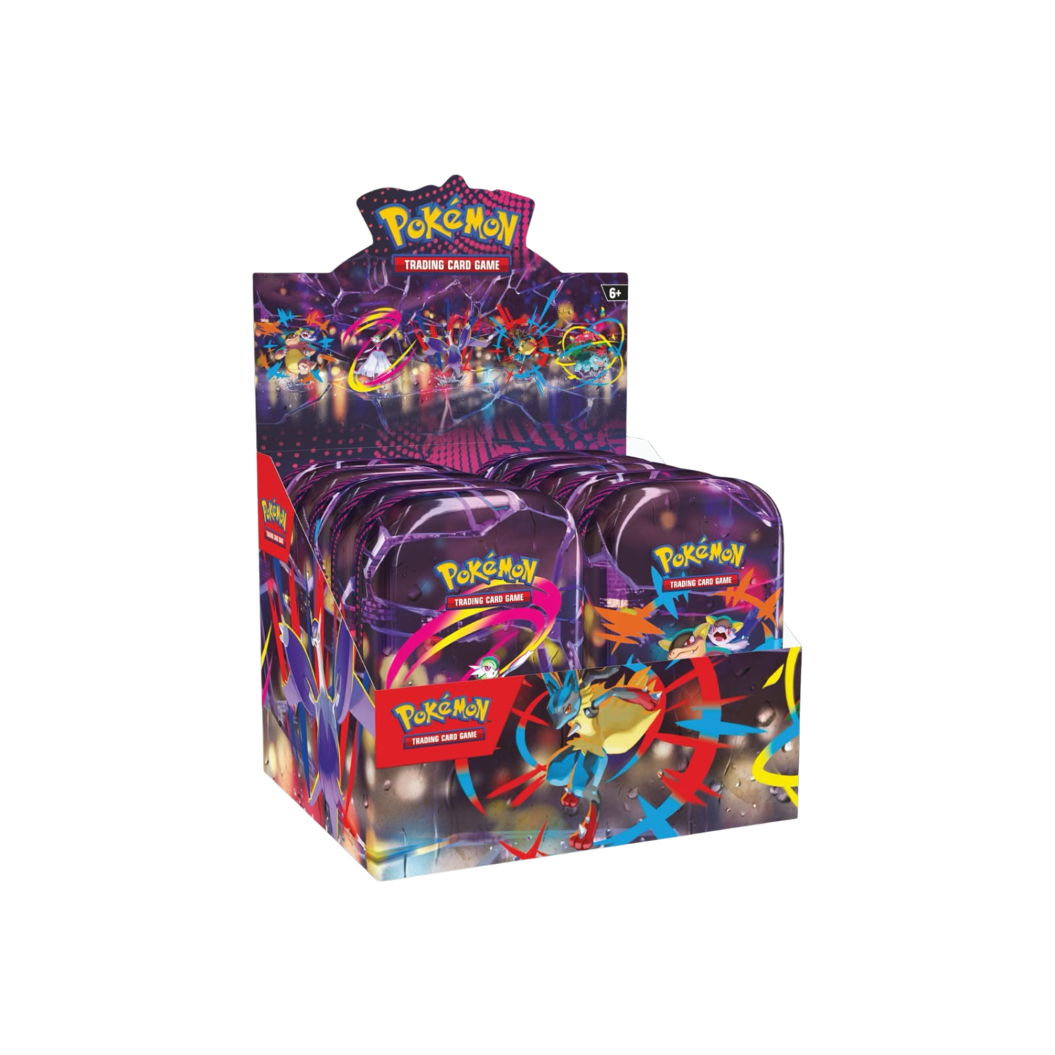 Display box of Pokémon TCG tins with colorful graphics and the Pokémon logo.
