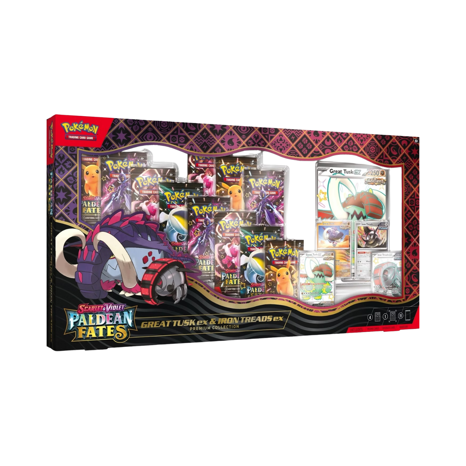 Pokémon Paldean Fates Elite Trainer Box. Multiple booster packs, promo cards, dice, and accessories.