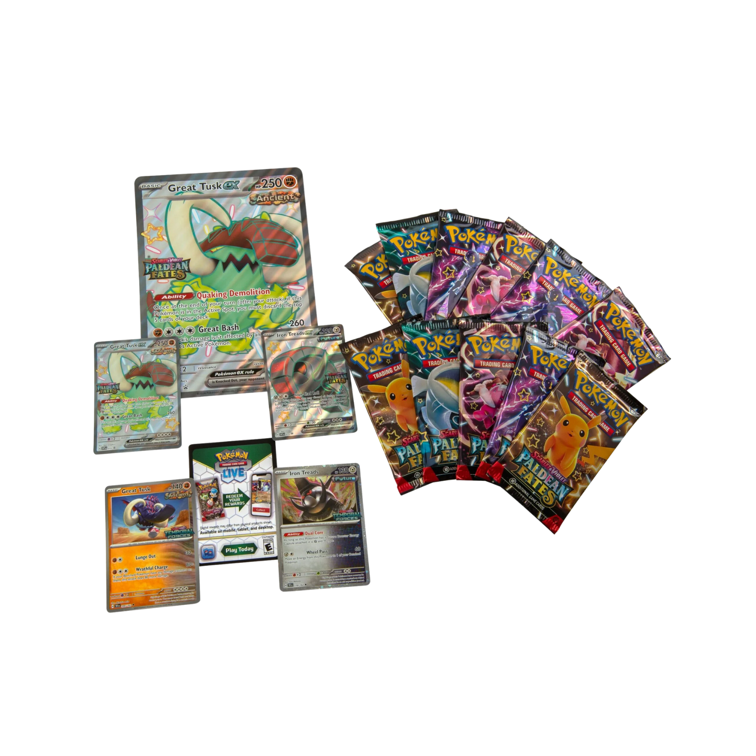 Pokémon Paldean Fates Elite Trainer Box. Multiple booster packs, promo cards, dice, and accessories.