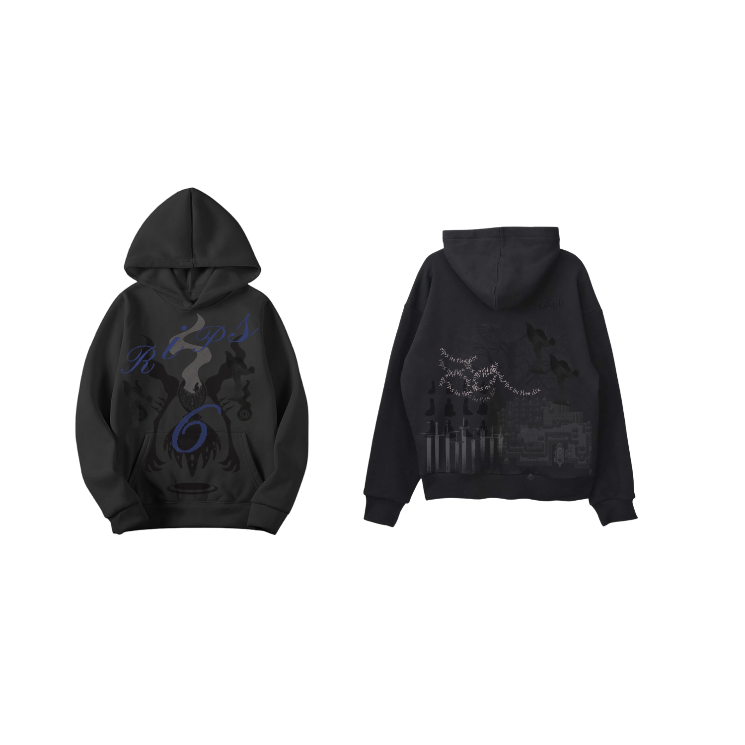 Black hoodie with front and back graphic designs.