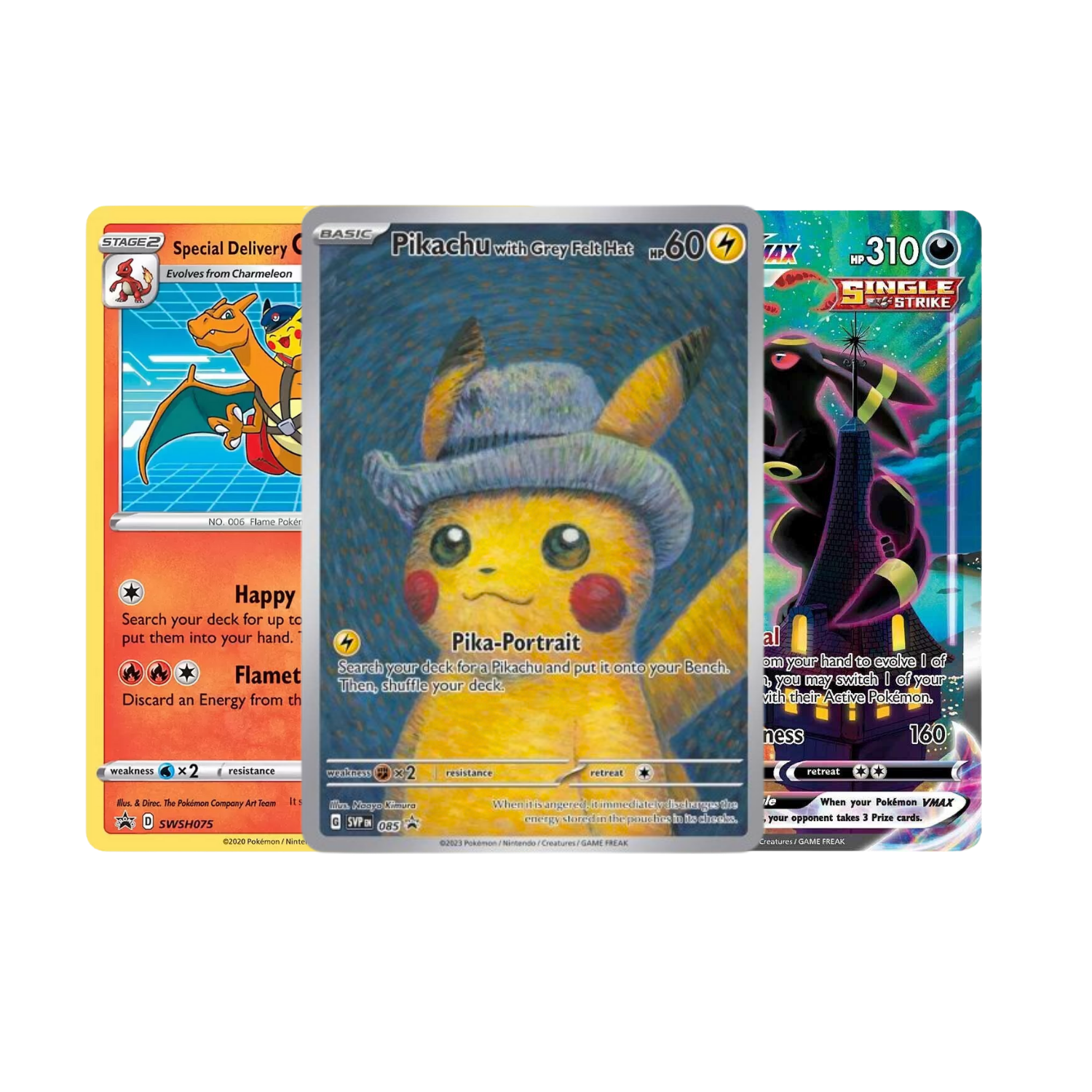 Three Pokémon trading cards: Charizard, Pikachu wearing a hat, and Umbreon.