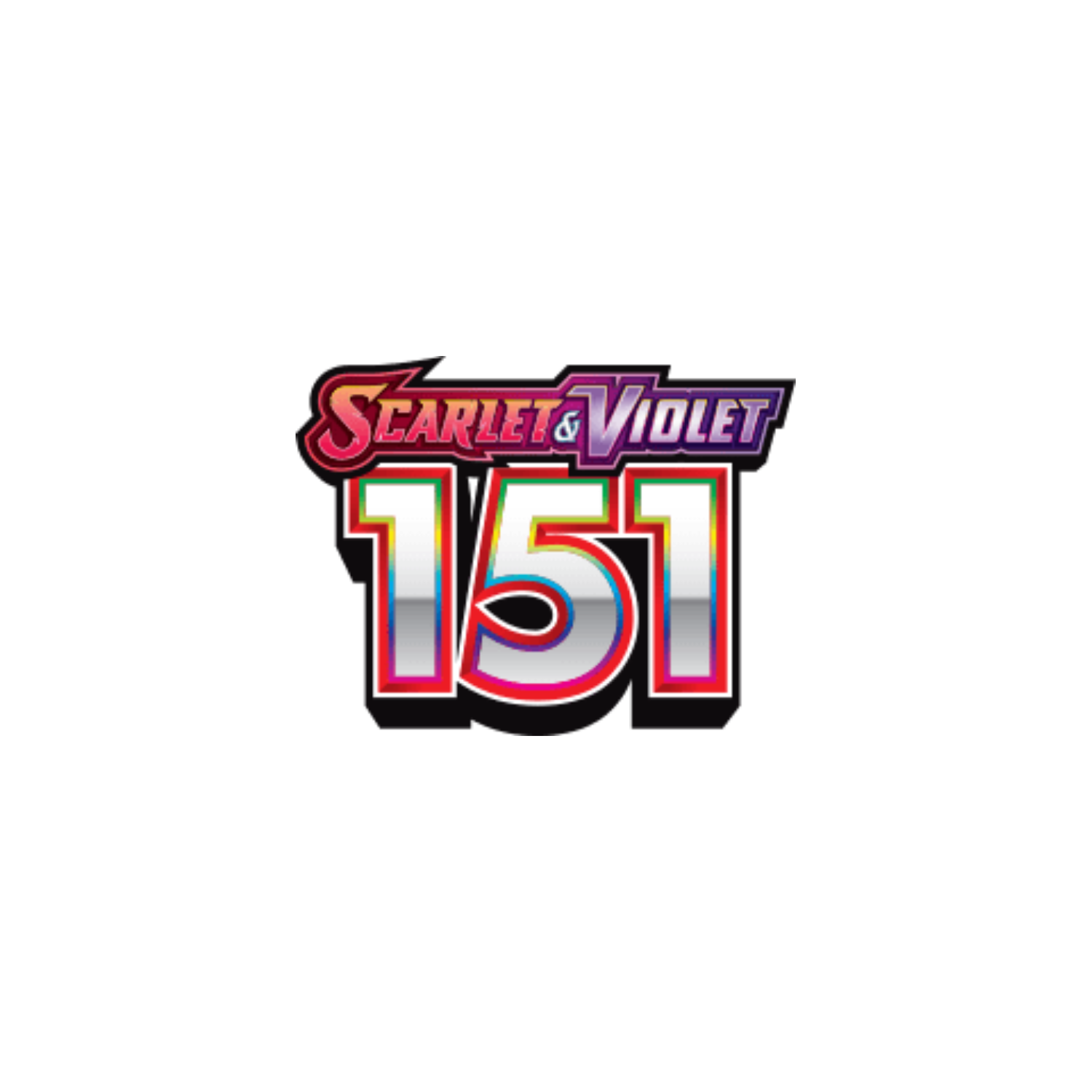 Scarlet & Violet 151 logo. Red and purple text over a white outlined 151 with a black outline.