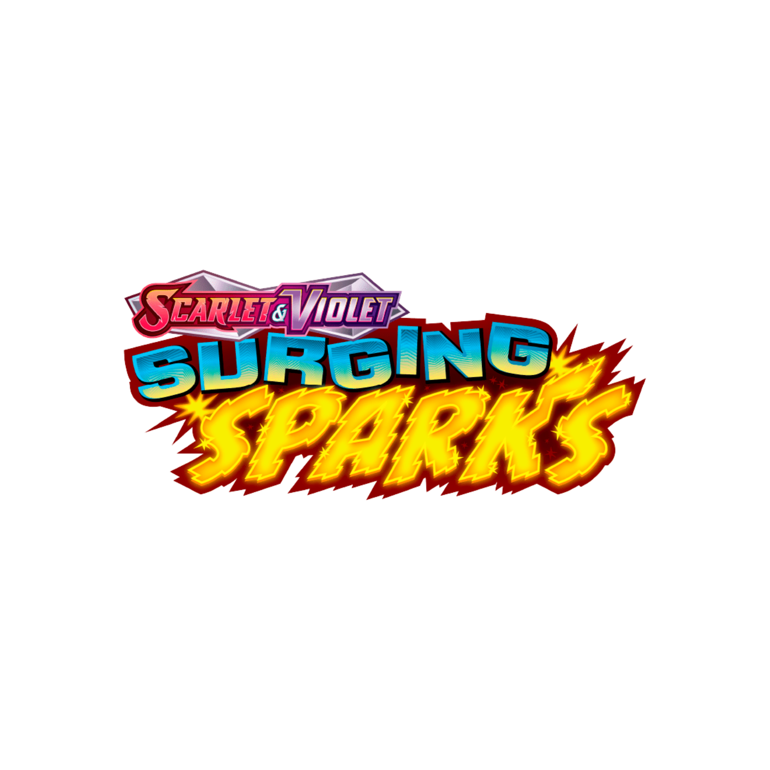 Scarlet & Violet: Surging Sparks logo. Red, blue, and yellow text on white background.