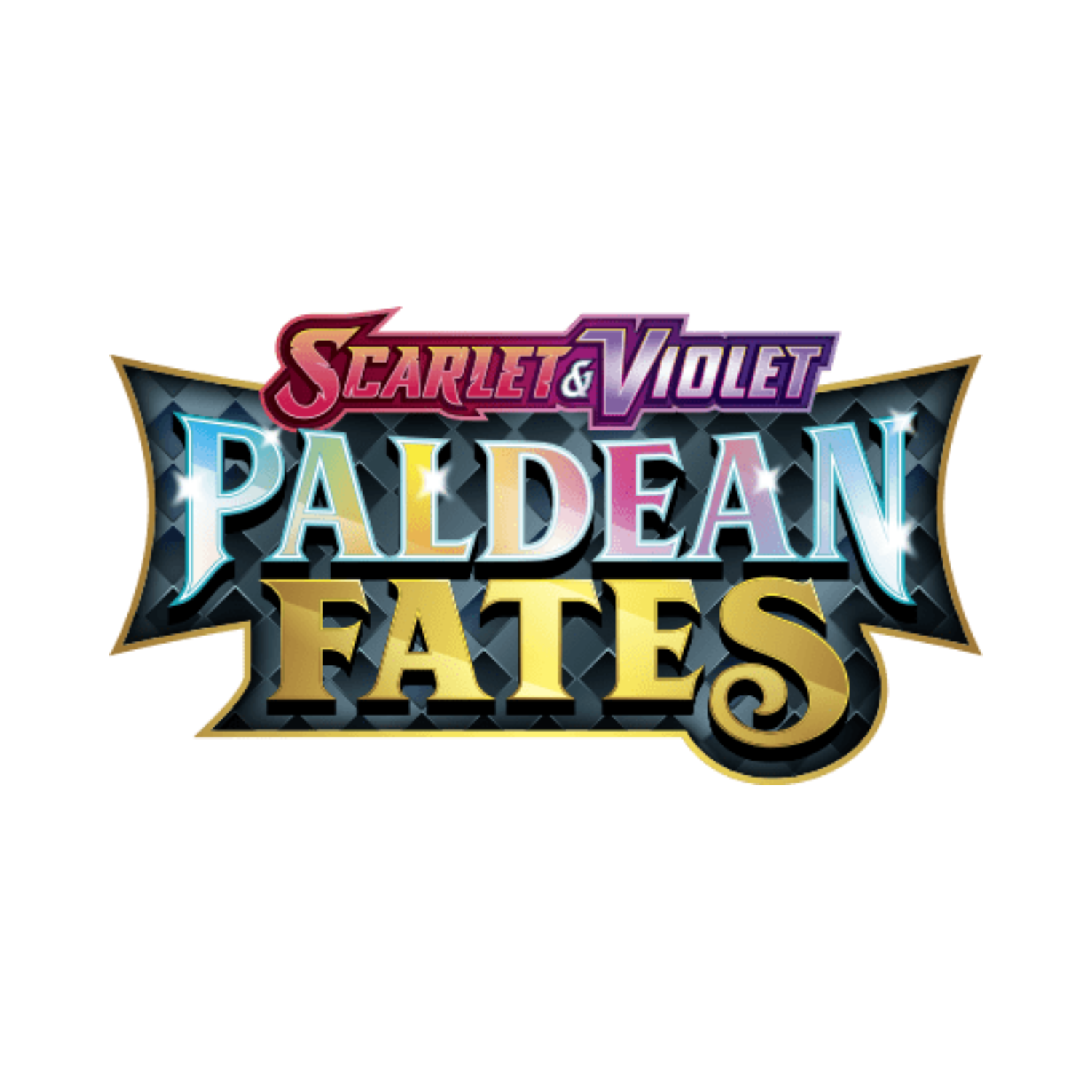 Pokémon Trading Card Game logo: Scarlet & Violet - Paldean Fates. Features red, purple, and gold text on a blue shield.