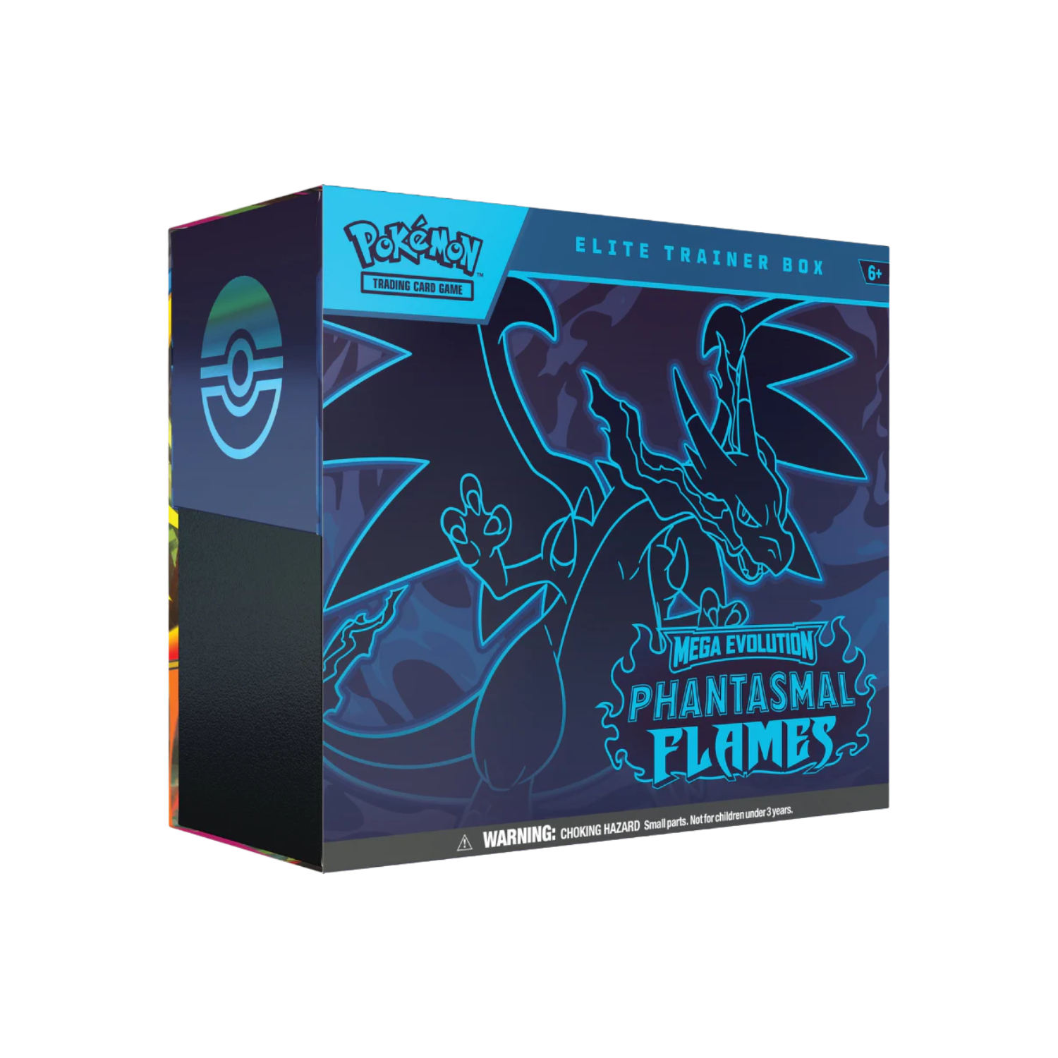 Pokémon Elite Trainer Box featuring a blue Charizard design with “Phantasmal Flames.”