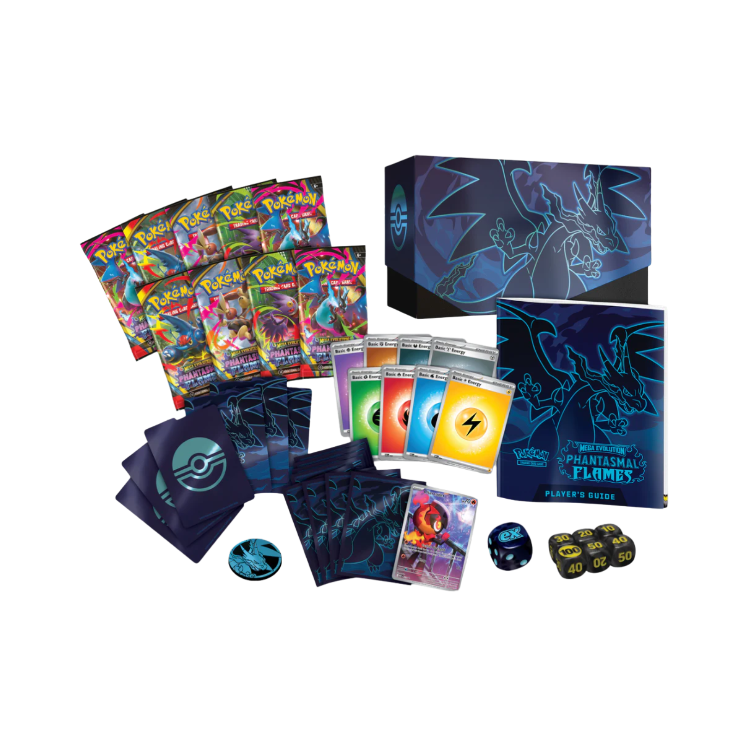 Pokémon Elite Trainer Box featuring a blue Charizard design with “Phantasmal Flames.”