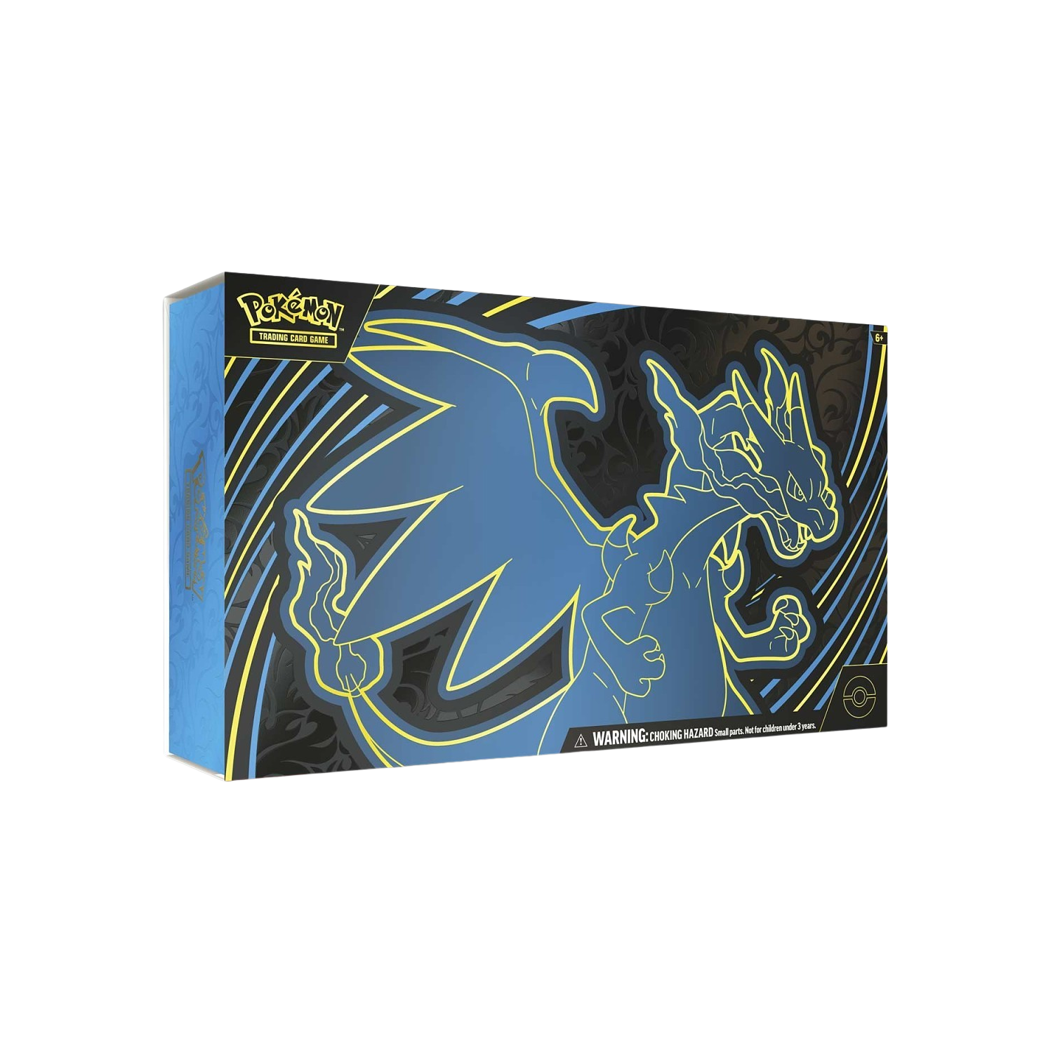 Pokémon TCG product box with a blue outline of Charizard and gold accents.