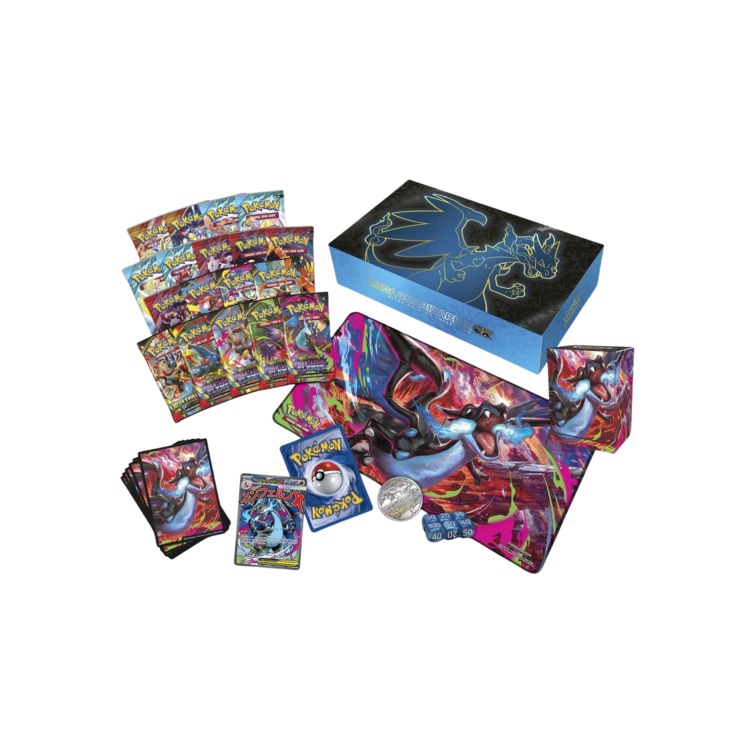 Pokémon TCG product box with a blue outline of Charizard and gold accents.