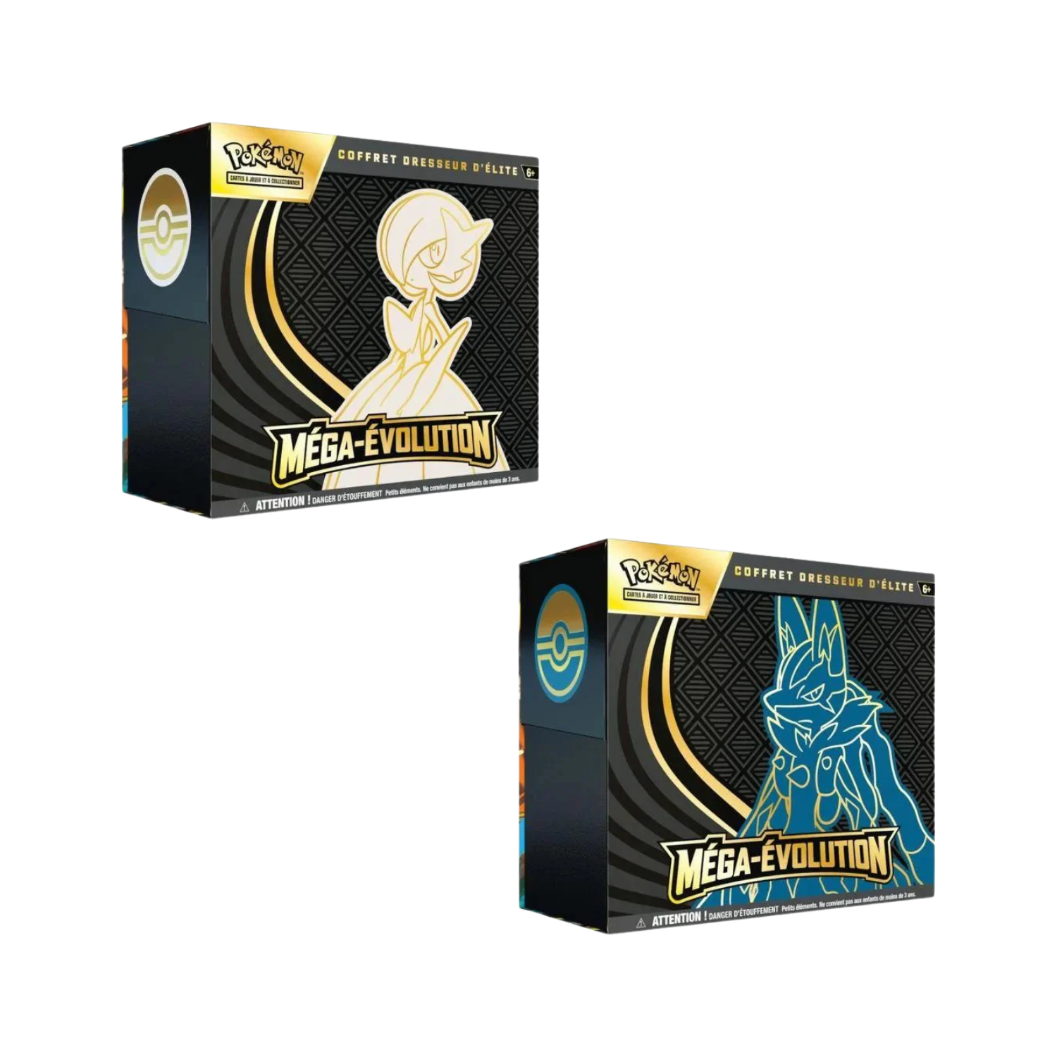 Two Pokémon TCG Mega Evolution boxes, gold and black, with character pins.