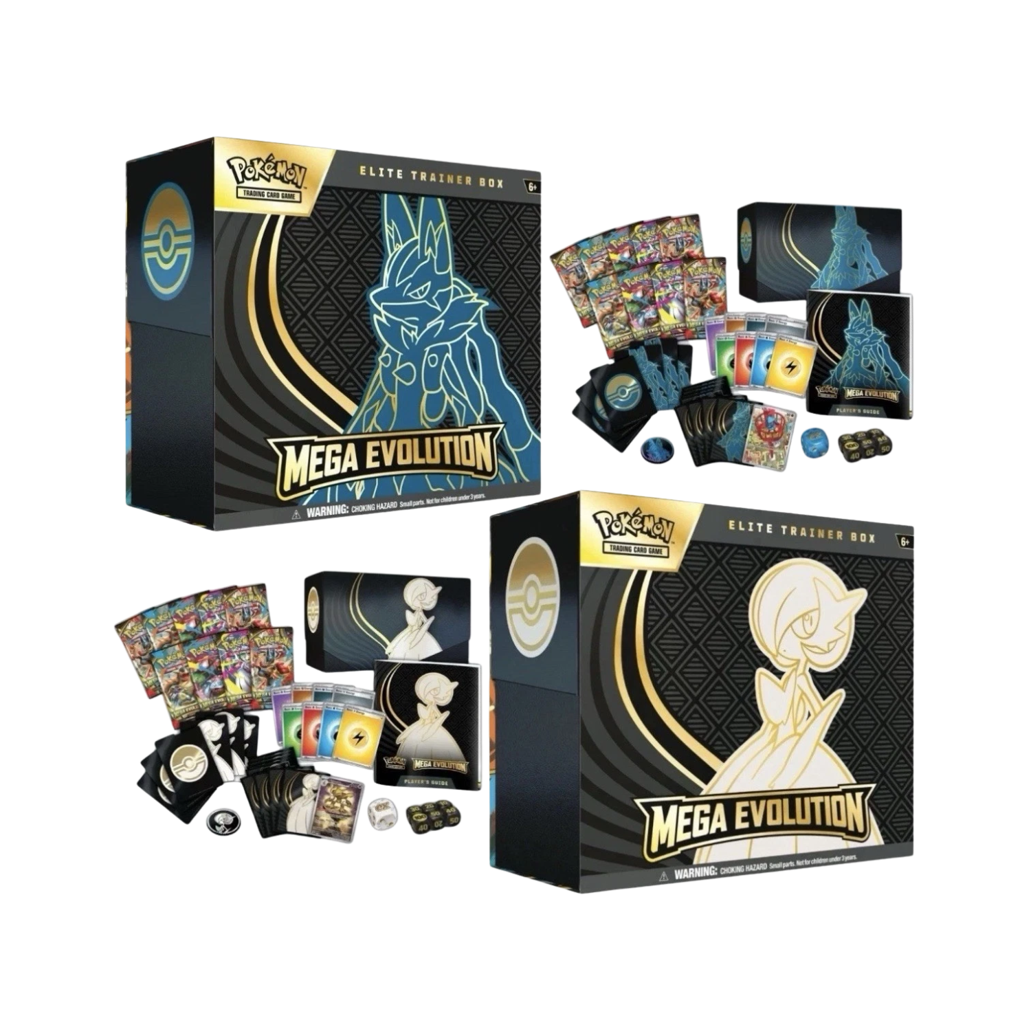 Two Pokémon TCG Mega Evolution boxes, gold and black, with character pins.