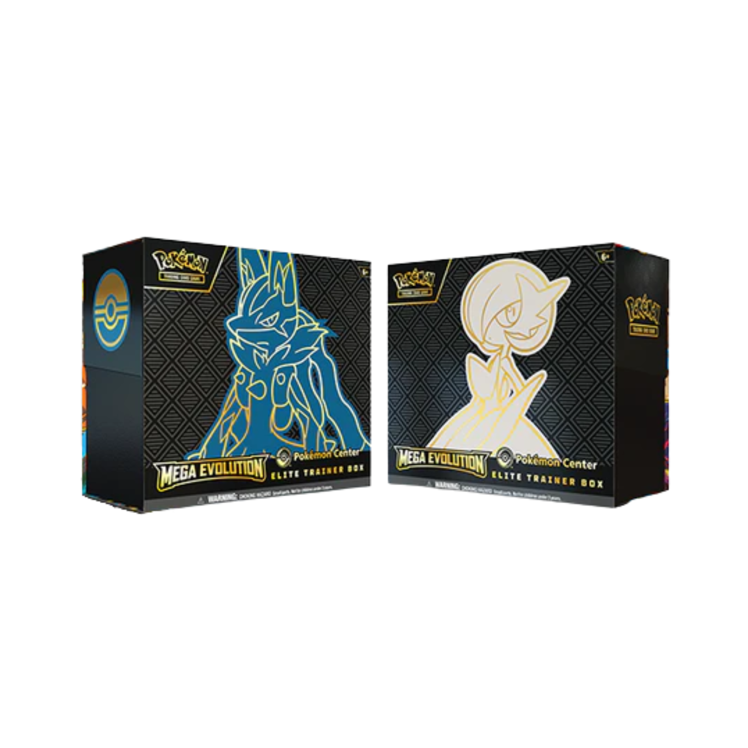 Two Pokemon TCG Elite Trainer Boxes: one blue (Mega Evolution) and one white (Mega Gardevoir).