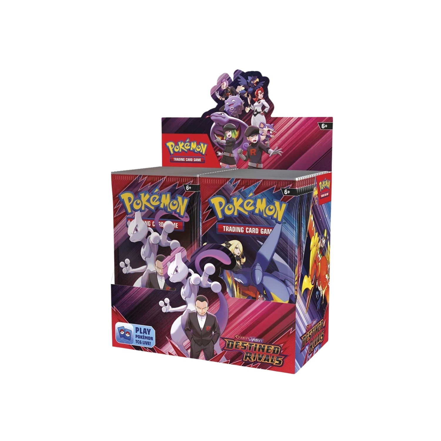 A display box of Pokemon Trading Card Game booster packs, featuring Mewtwo and purple and red colors.