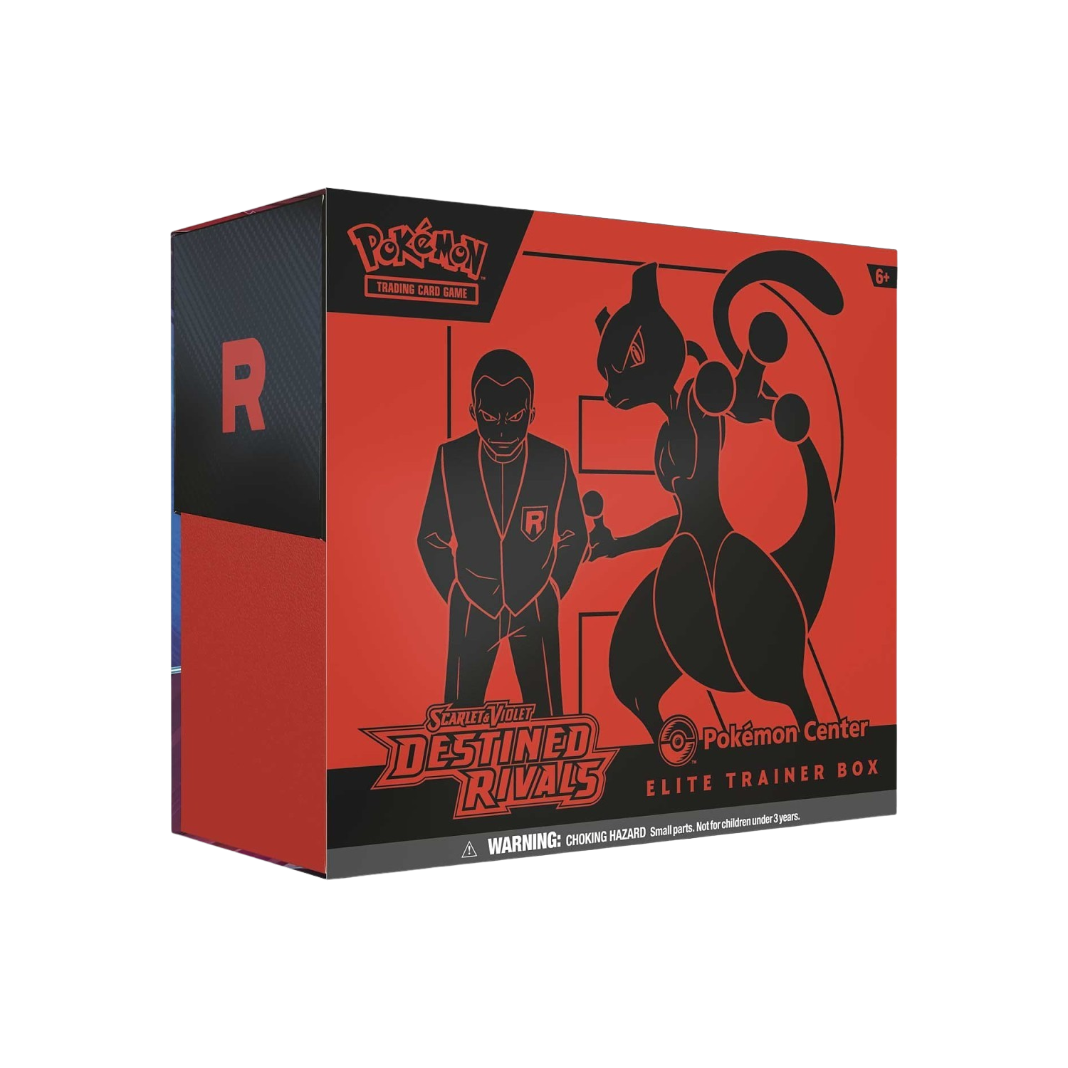 Pokémon TCG Destined Rivals Elite Trainer Box, red and black. Features Mewtwo and a Team Rocket member silhouette.