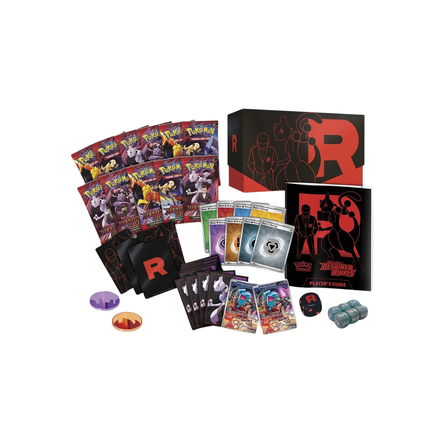 Pokémon TCG Destined Rivals Elite Trainer Box, red and black. Features Mewtwo and a Team Rocket member silhouette.