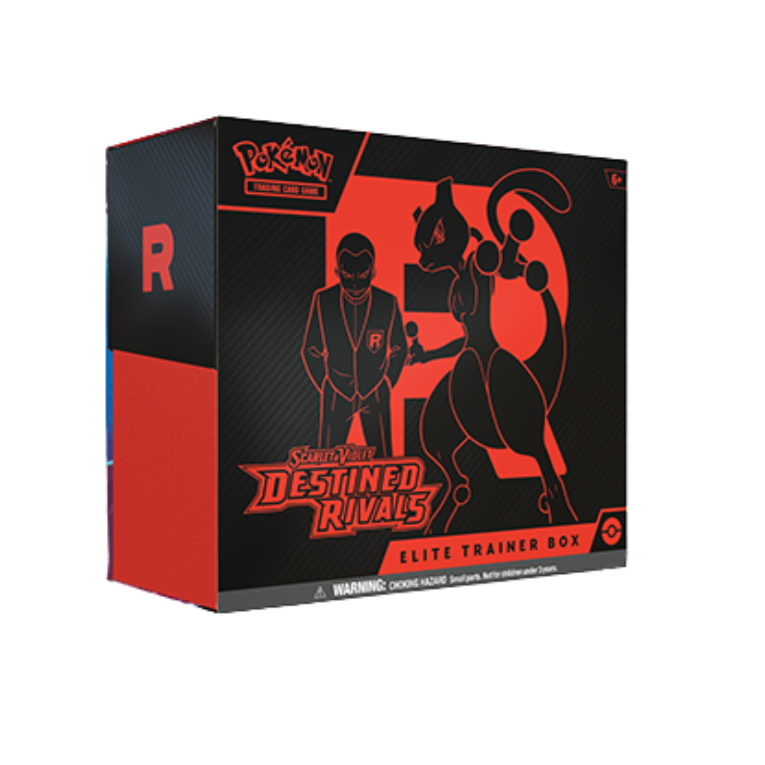 Pokémon TCG: Destined Rivals Elite Trainer Box with red/black Team Rocket design featuring Mewtwo.