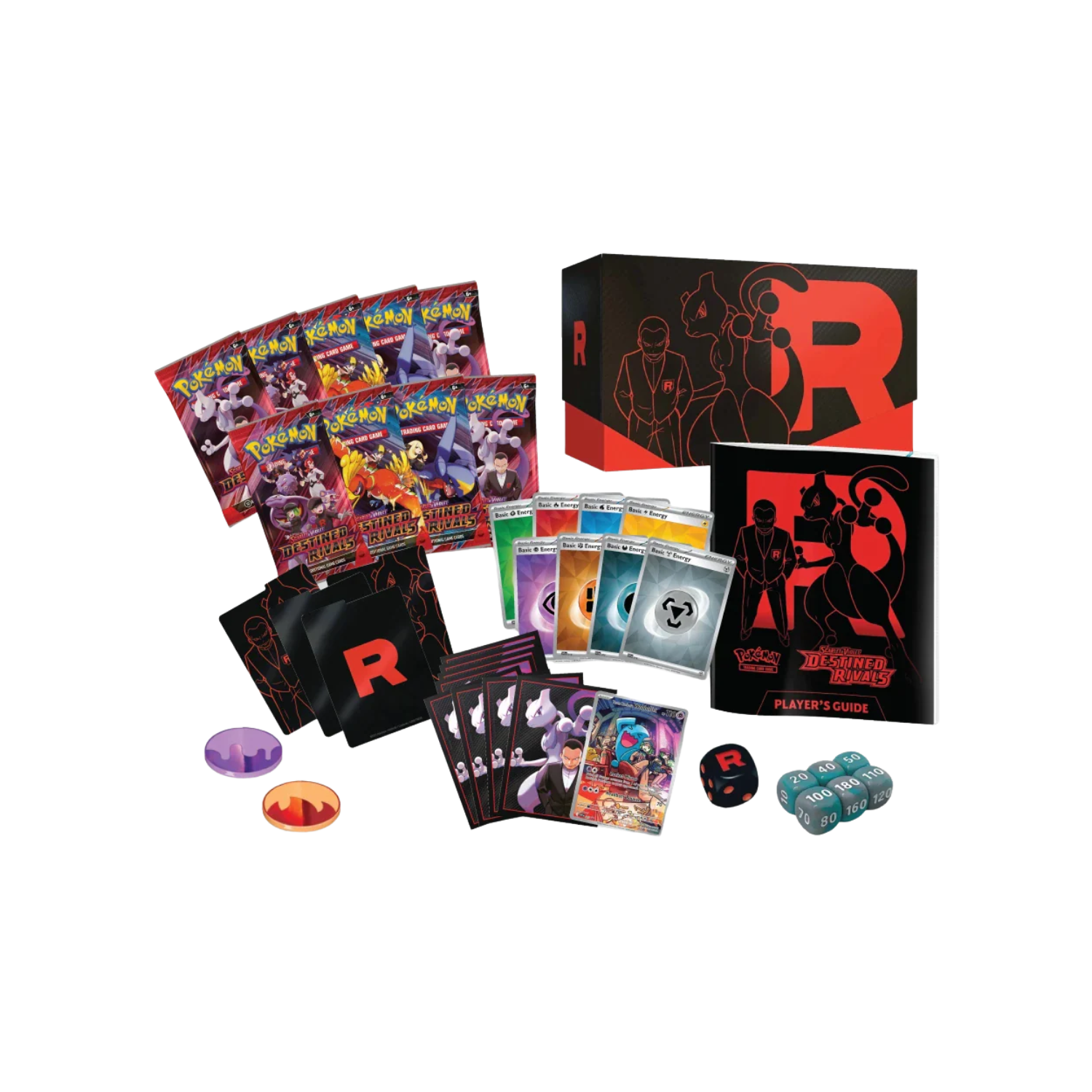 Pokémon TCG: Destined Rivals Elite Trainer Box with red/black Team Rocket design featuring Mewtwo.