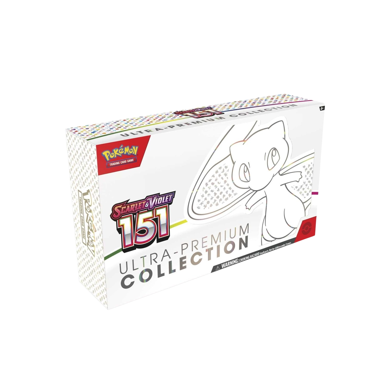 Pokémon Scarlet & Violet 151 Ultra-Premium Collection box featuring a line drawing of Mew.