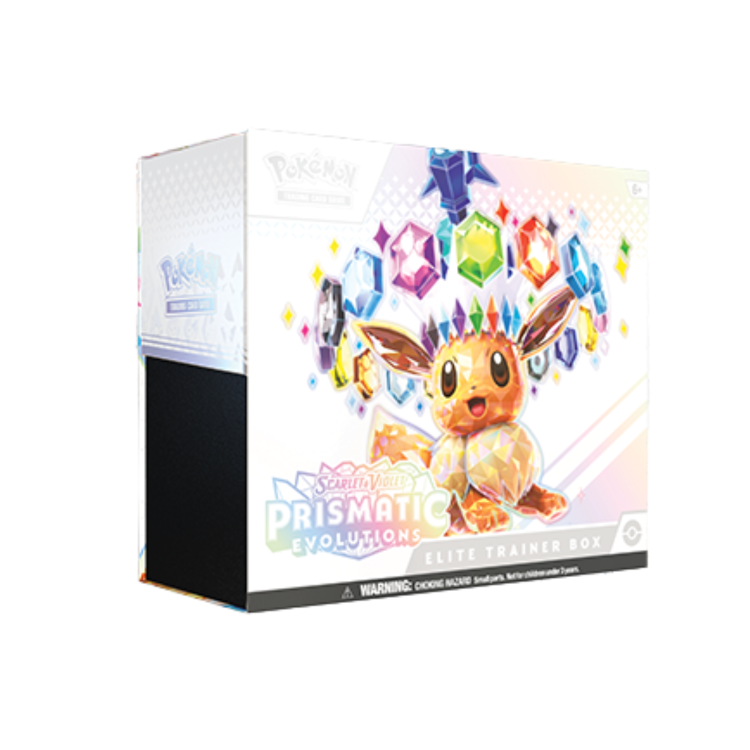 Pokémon TCG: Prismatic Evolutions Elite Trainer Box. Eevee surrounded by colorful gems. White box.