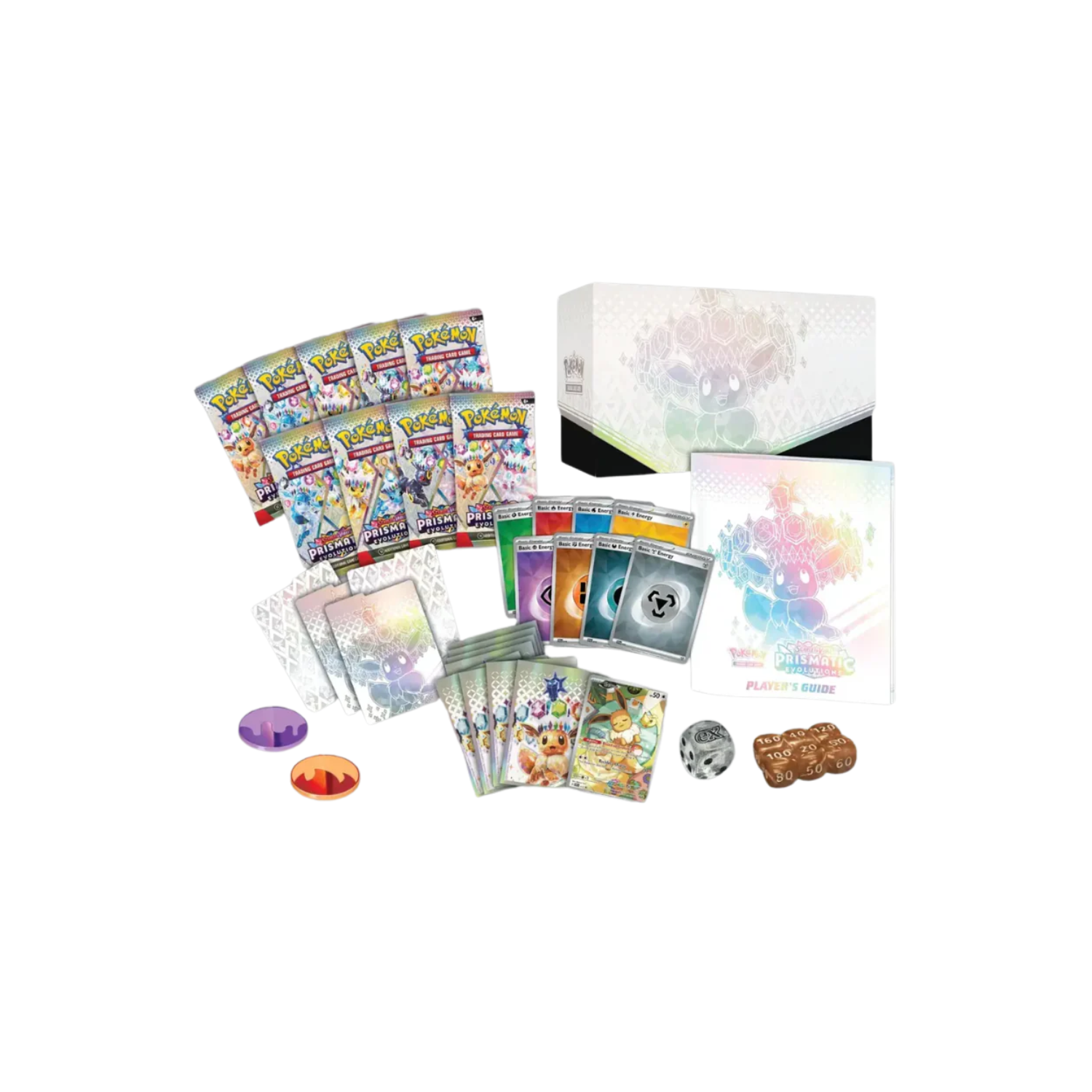 Pokémon TCG: Prismatic Evolutions Elite Trainer Box. Eevee surrounded by colorful gems. White box.