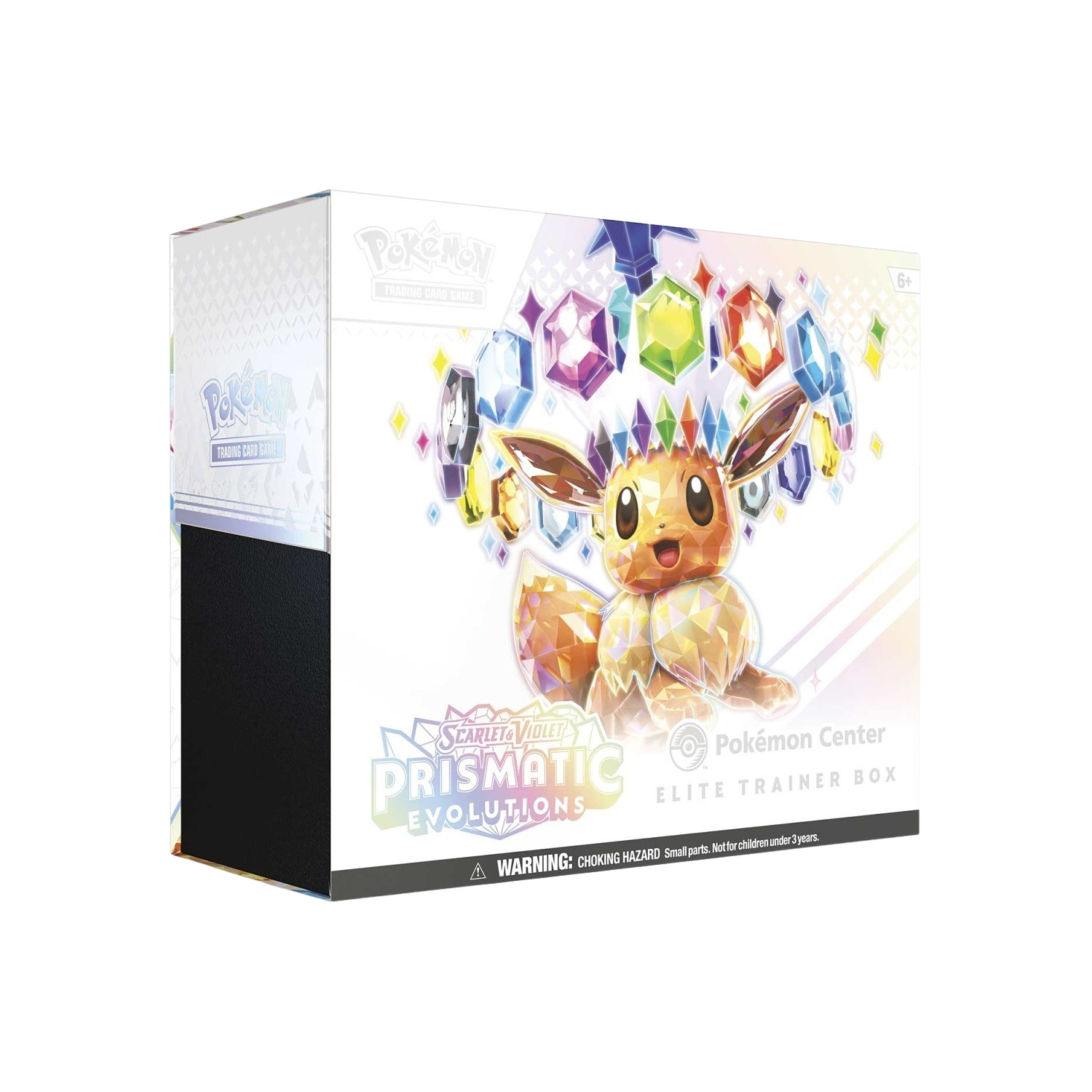Pokémon TCG: Prismatic Eevee Evolutions Elite Trainer Box, white with art of Eevee and gems.