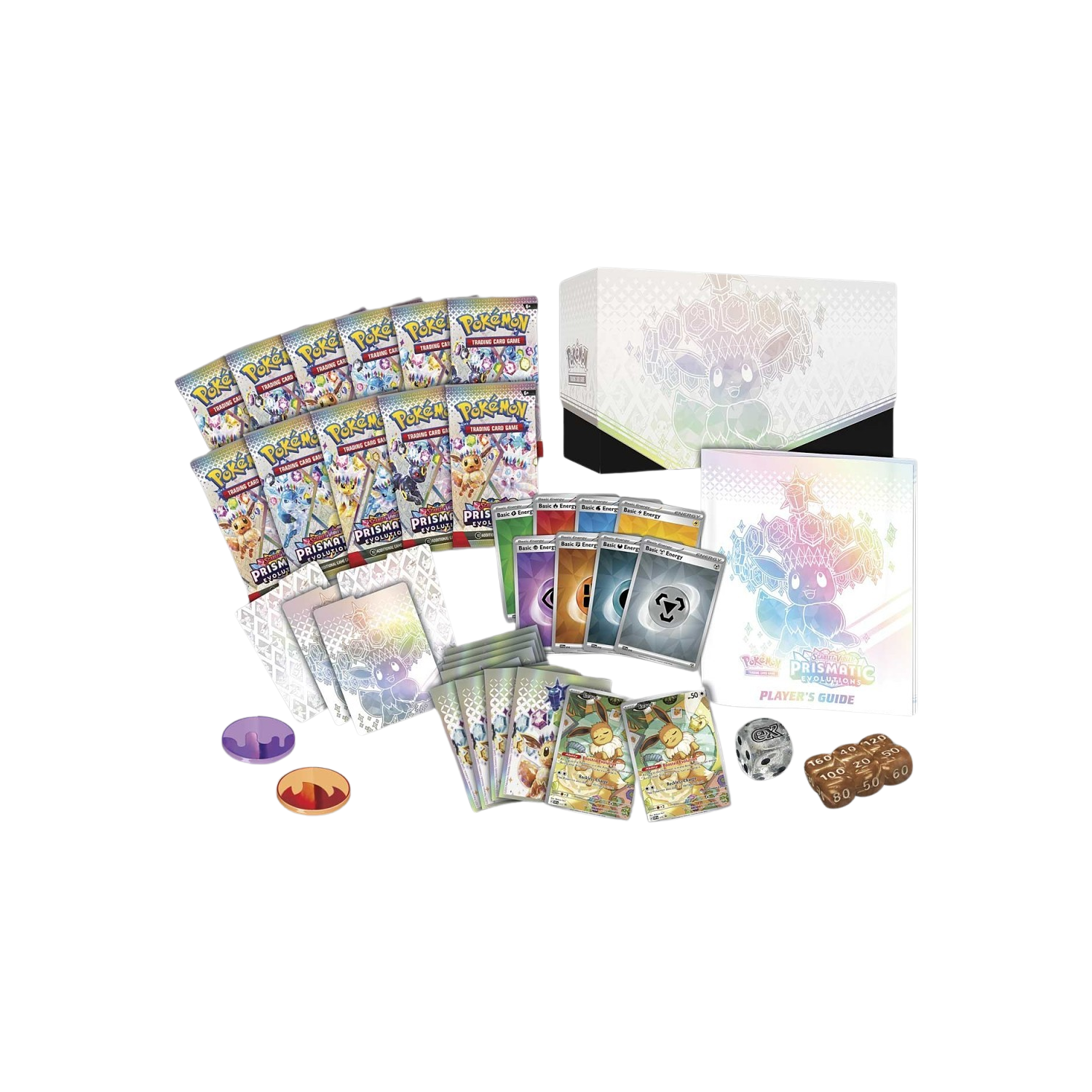 Pokémon TCG: Prismatic Eevee Evolutions Elite Trainer Box, white with art of Eevee and gems.