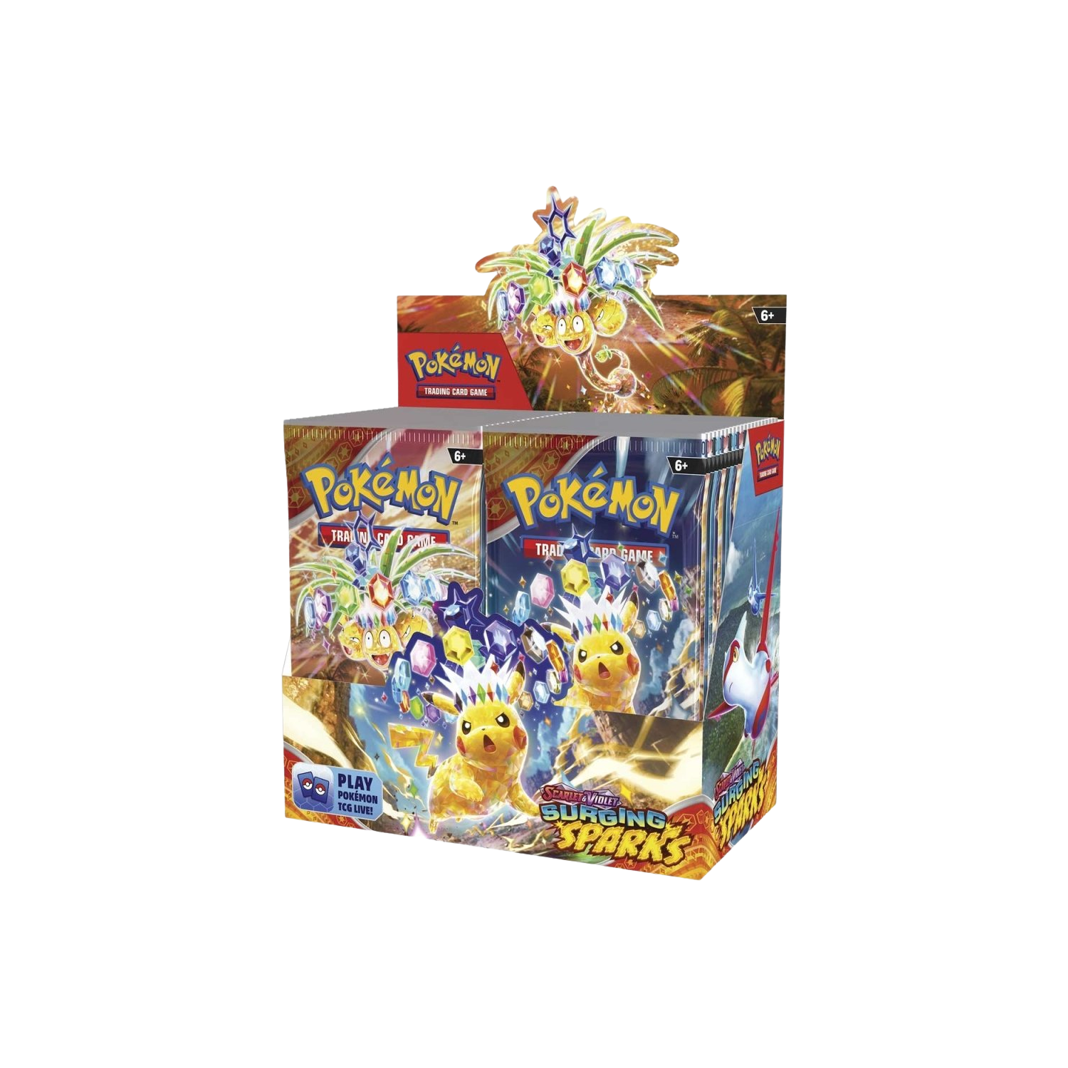Pokemon TCG booster box display: colorful illustration with Pikachu, multiple booster boxes.