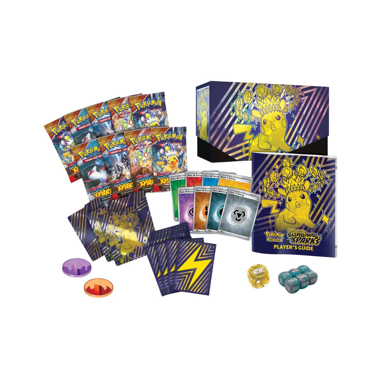 Pokémon Surging Sparks Elite Trainer Box featuring Pikachu illustration.