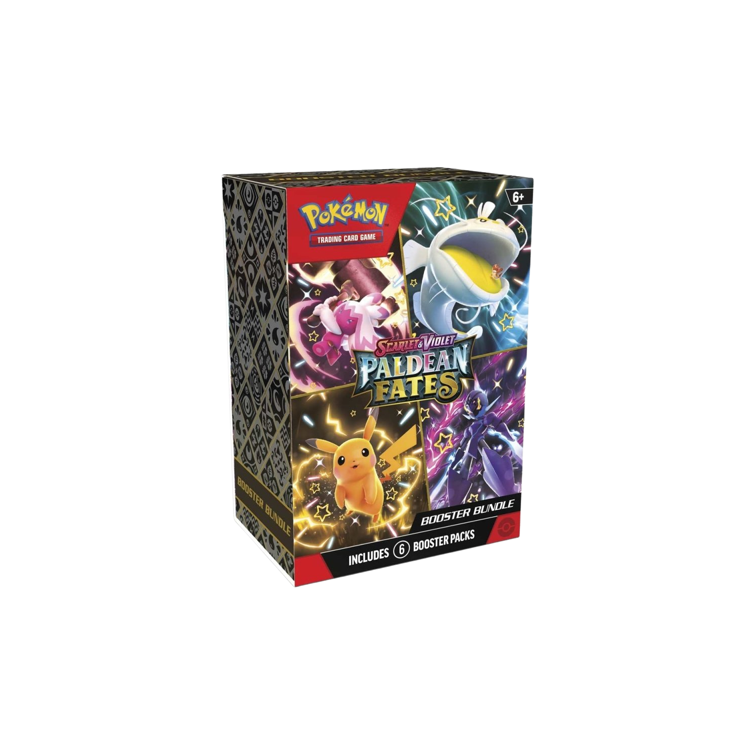 Pokémon Paldean Fates Elite Trainer Box. Featuring Pikachu and various Pokémon. Black and red box.