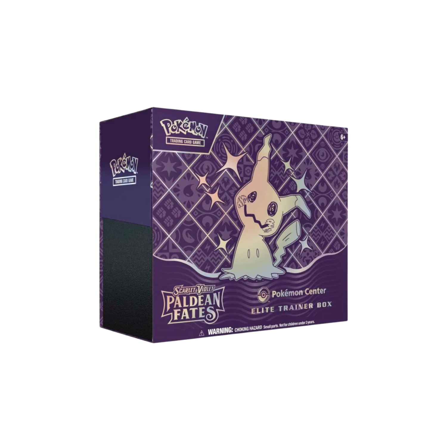 Pokemon TCG Paldean Fates Elite Trainer Box featuring Mimikyu against a purple, patterned backdrop.