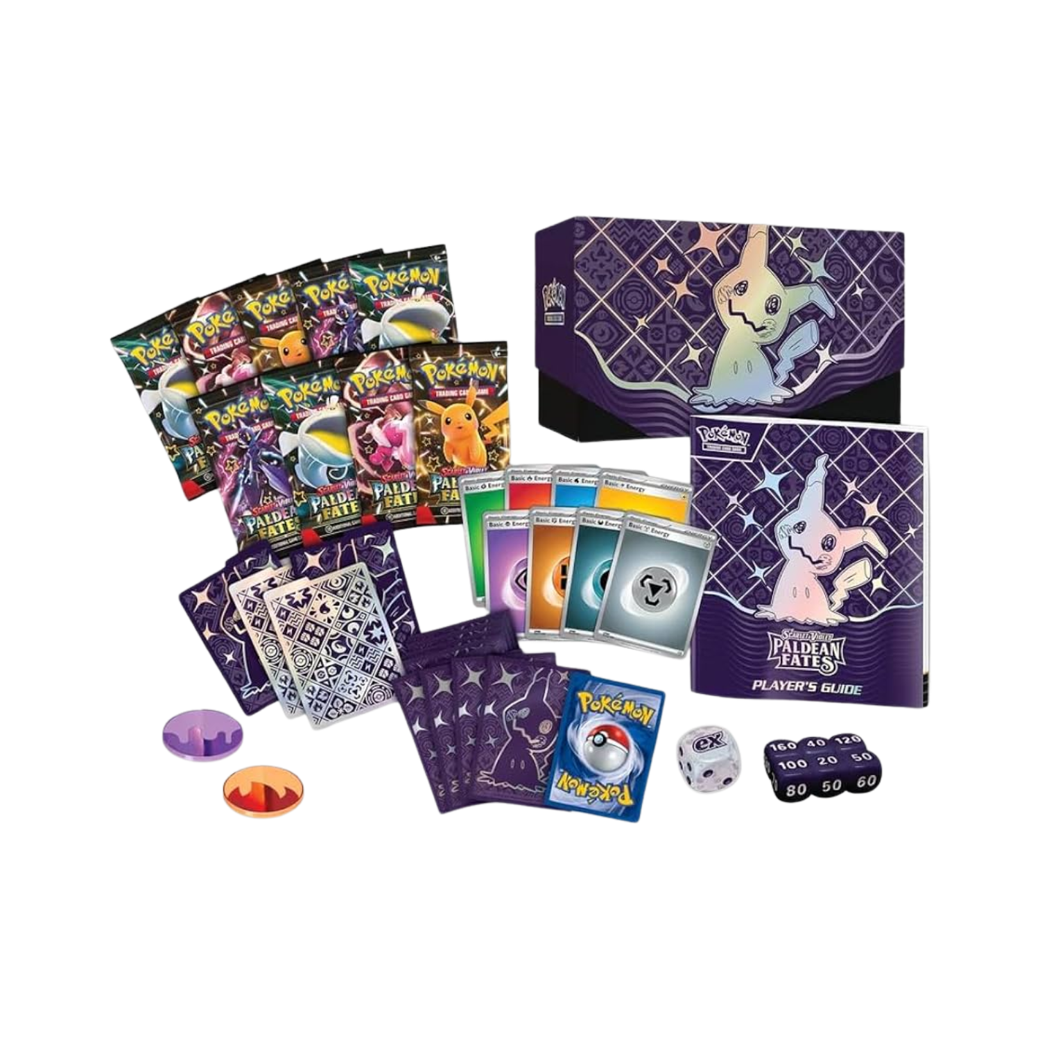 Pokemon TCG Paldean Fates Elite Trainer Box featuring Mimikyu against a purple, patterned backdrop.