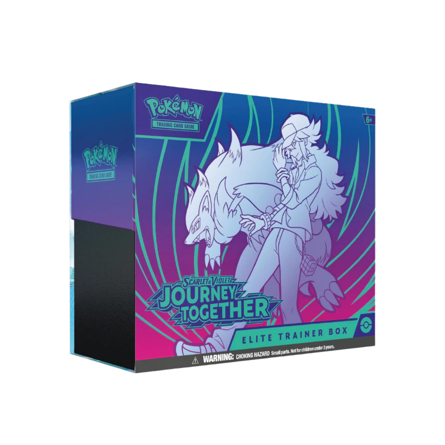 Pokémon Journey Together Elite Trainer Box with art featuring a trainer and Pokémon in purple and blue.