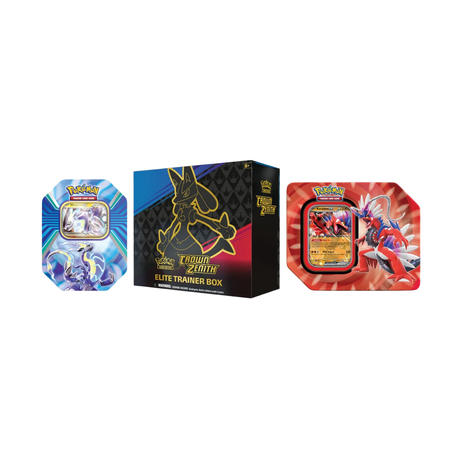 Three Pokémon TCG boxes: a blue tin, black & gold box, and red tin, on white background.
