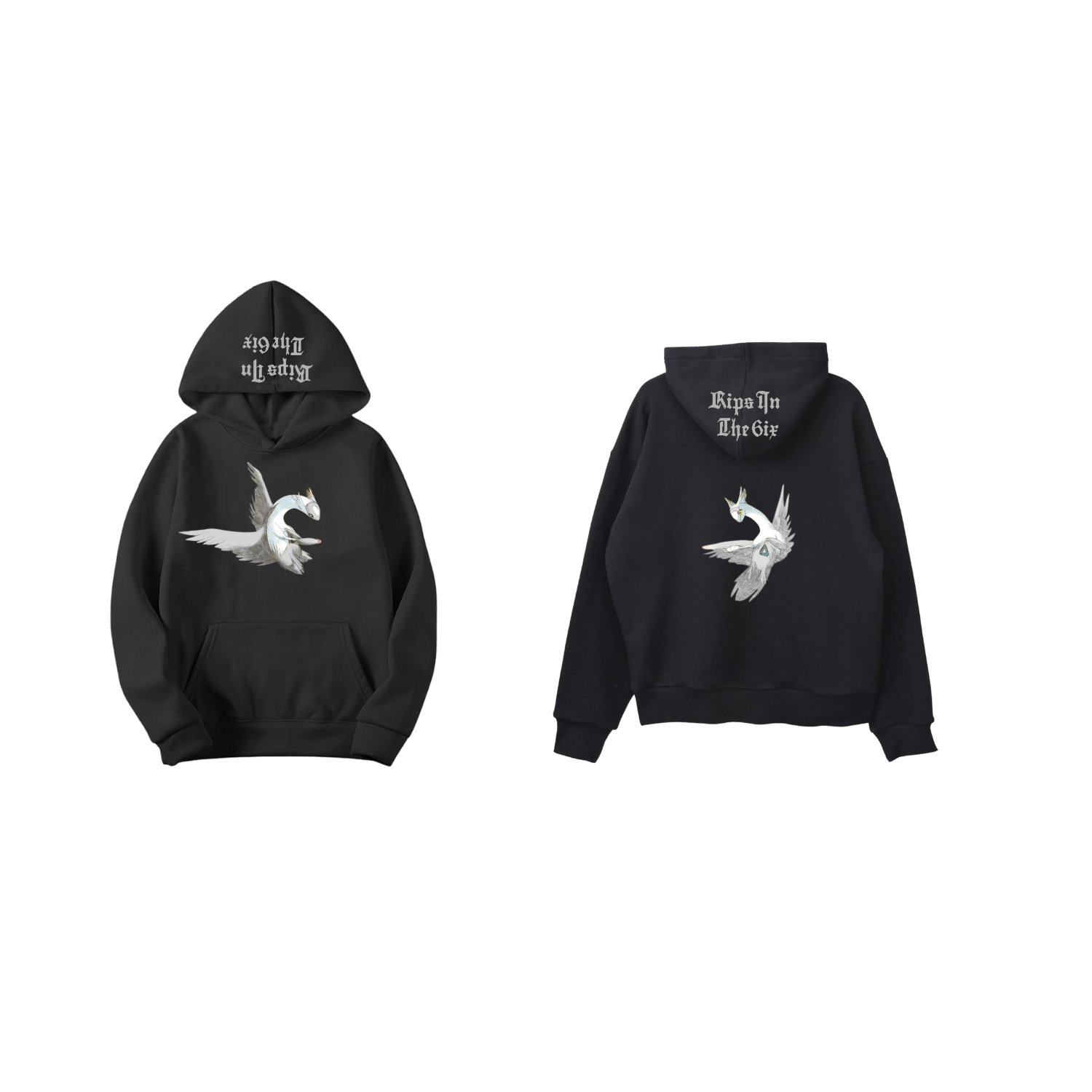 Black hoodie with a white dragon graphic on the front and back; text on the hood.