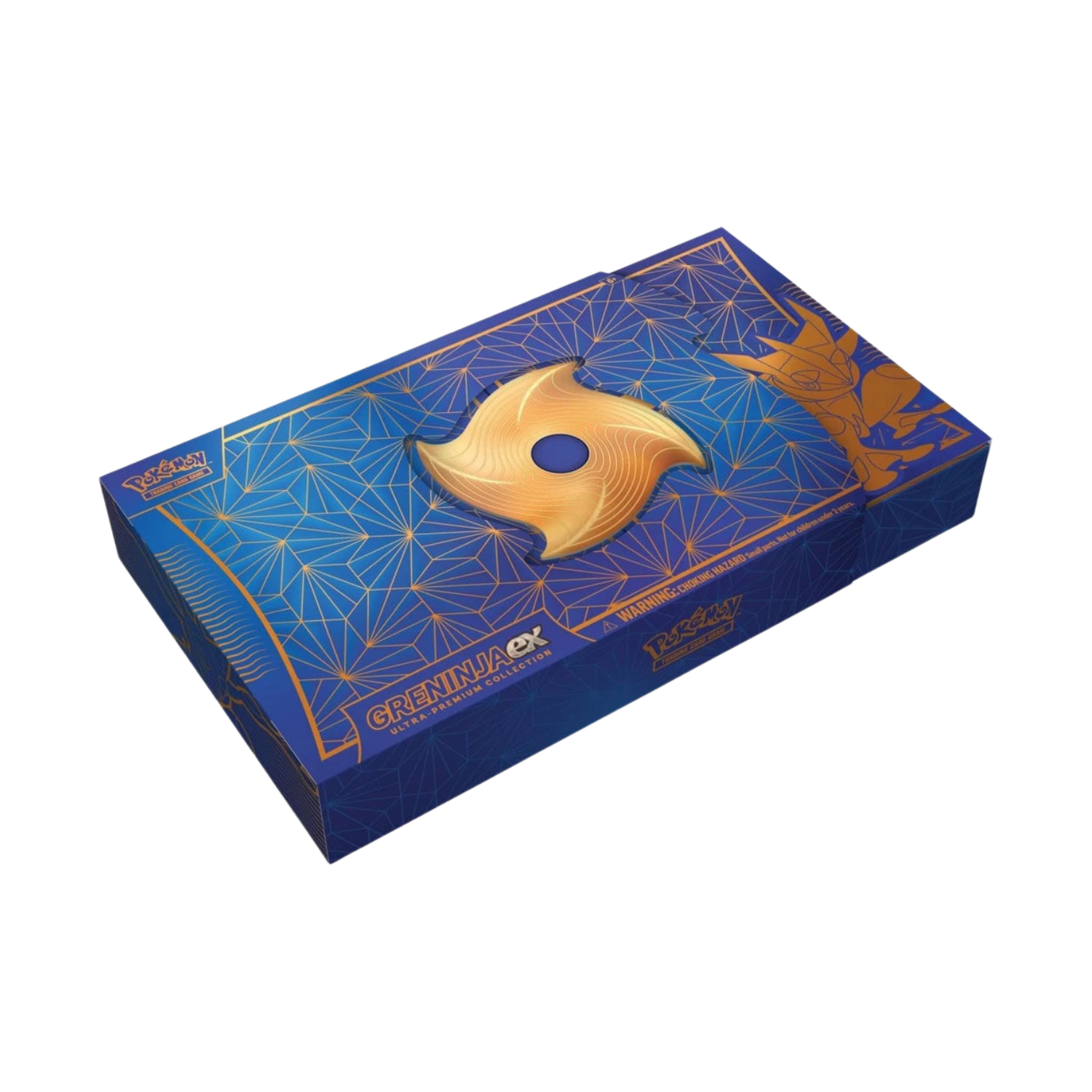 Blue Pokémon TCG box with gold accents, including a swirl emblem.