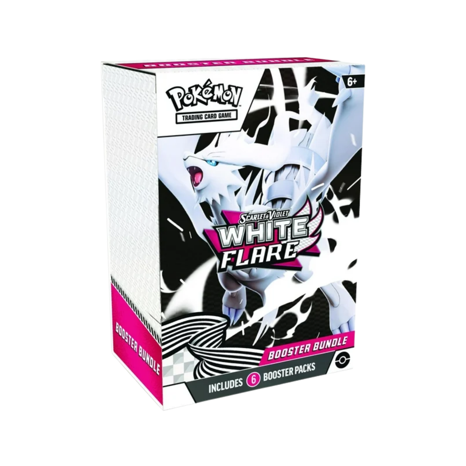 Pokemon White Flare booster box with Reshiram on the cover. Contains six booster packs.