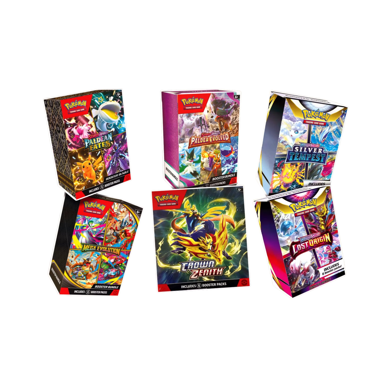 Six Pokémon card booster boxes with various set designs.