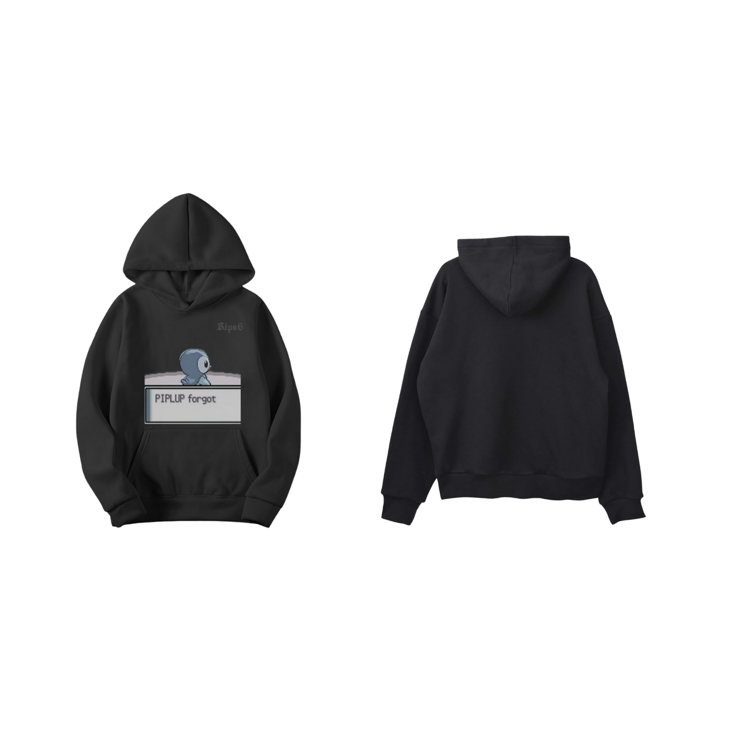 Black hoodie with a cartoon character and text, front and back views.