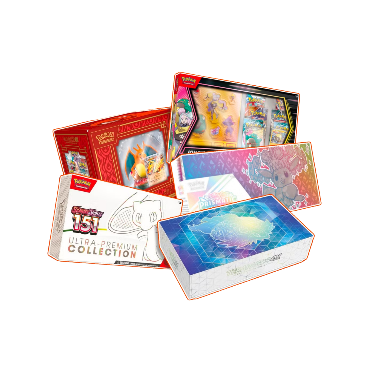 Pile of colorful Pokémon trading card game boxes.