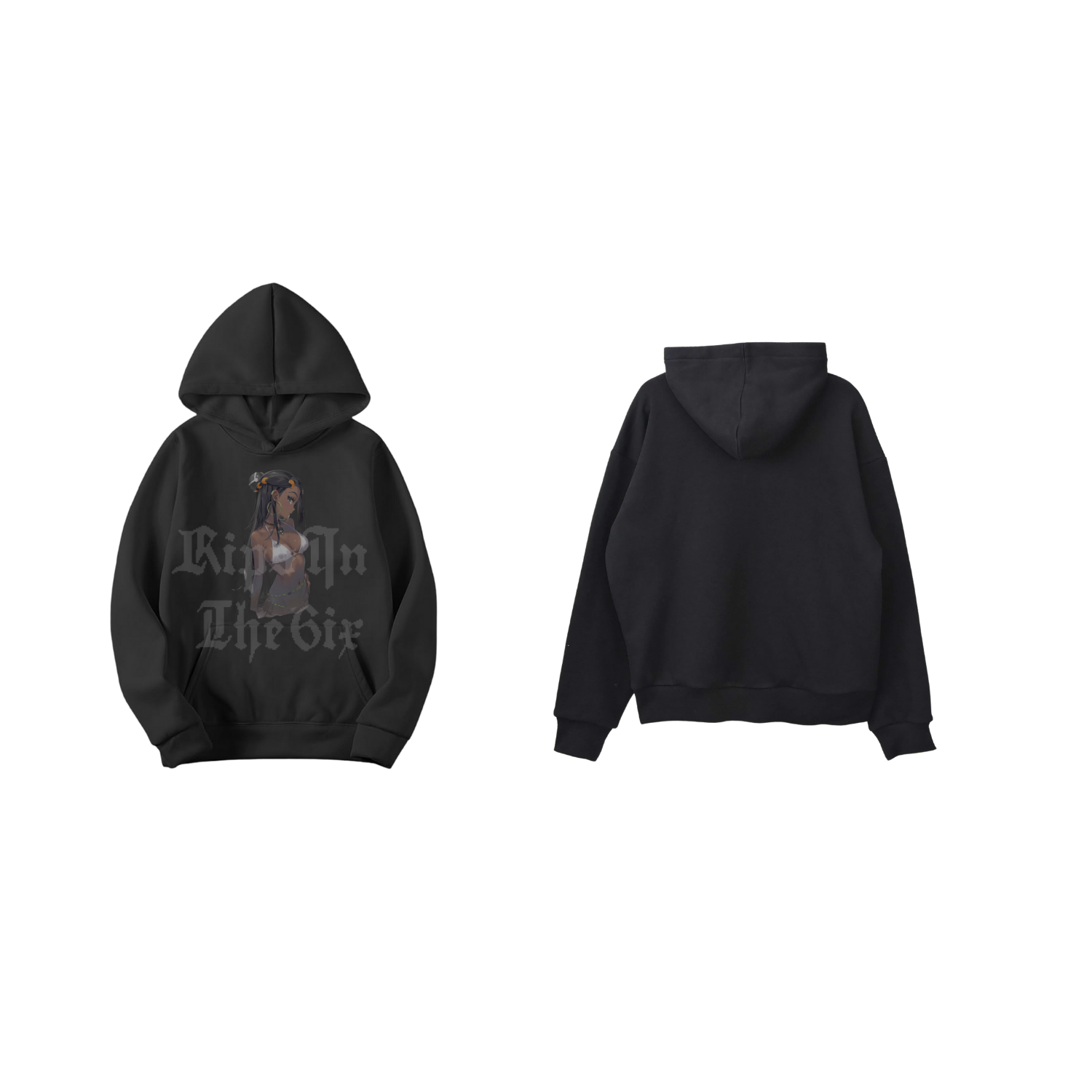 Black hoodie, front view with graphic print, back view plain.