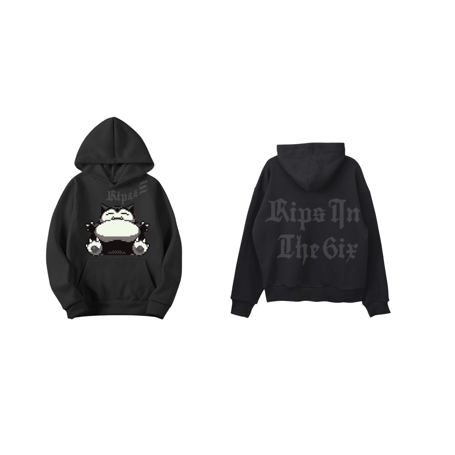 Black hoodie with a cartoon character on front, text 