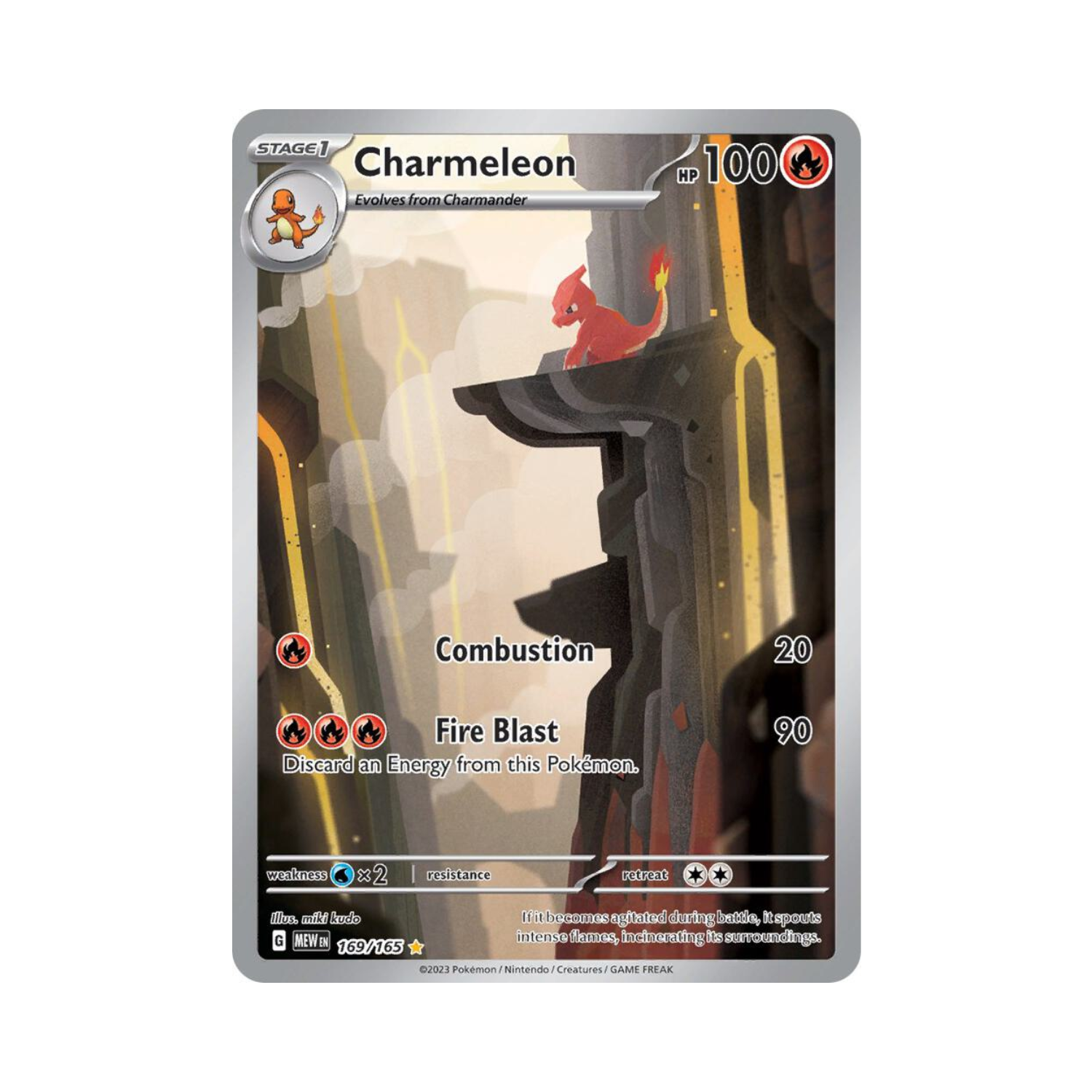 Charmeleon Pokémon card, red creature atop a craggy, gray rock cliff, fire setting.