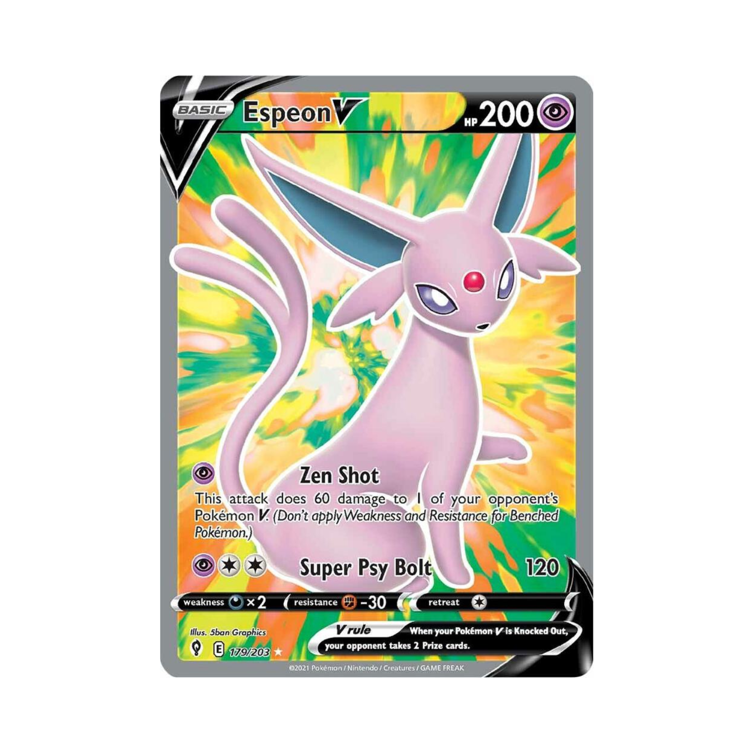 Espeon V Pokémon card in a colorful setting; Espeon is pink with blue ears, and it has red eyes.