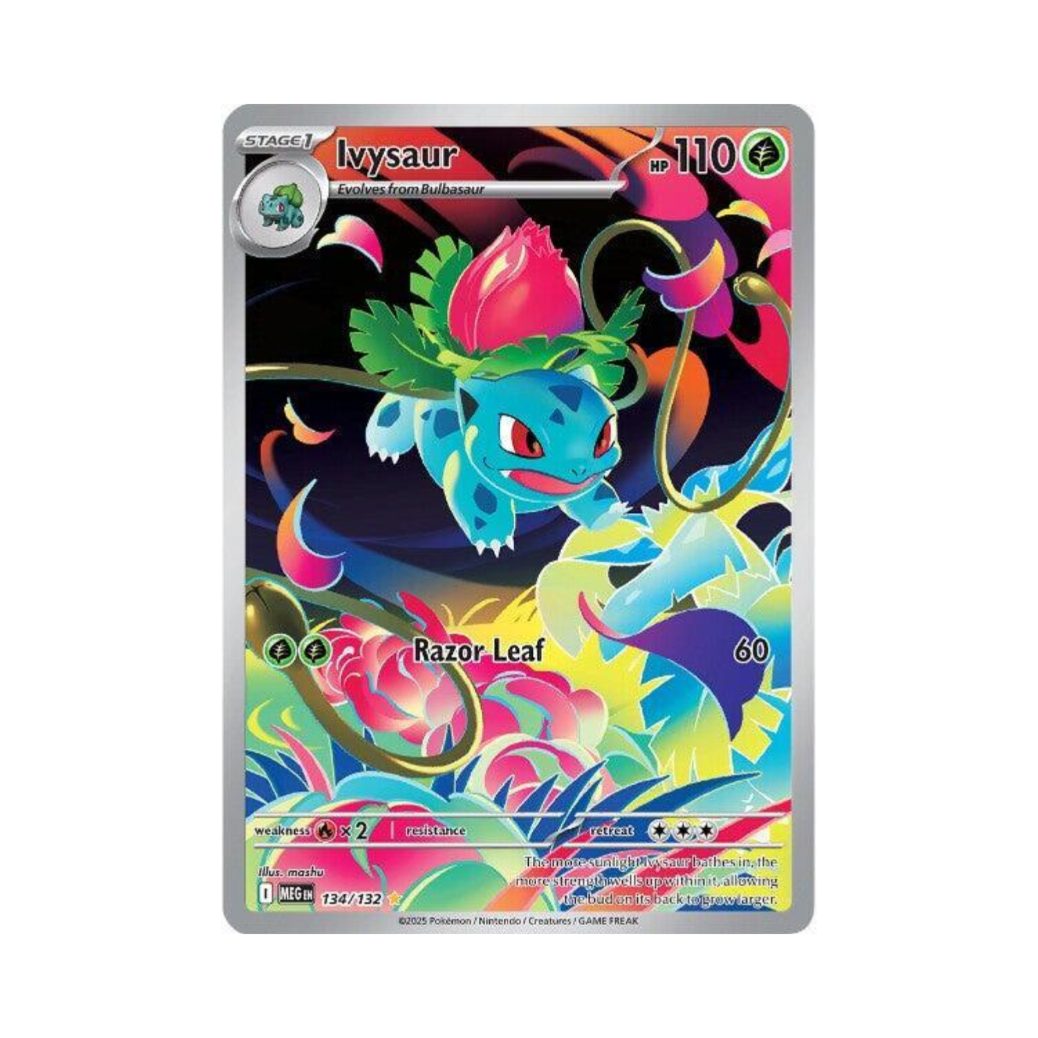 Ivysaur Pokémon card with vibrant colors. A blue Ivysaur with a red flower on its back in a colorful setting.