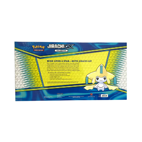 Jirachi GX Pokémon collection box featuring Jirachi, cards, and booster packs. Blue, green, and gold colors.