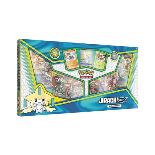 Jirachi GX Pokémon collection box featuring Jirachi, cards, and booster packs. Blue, green, and gold colors.