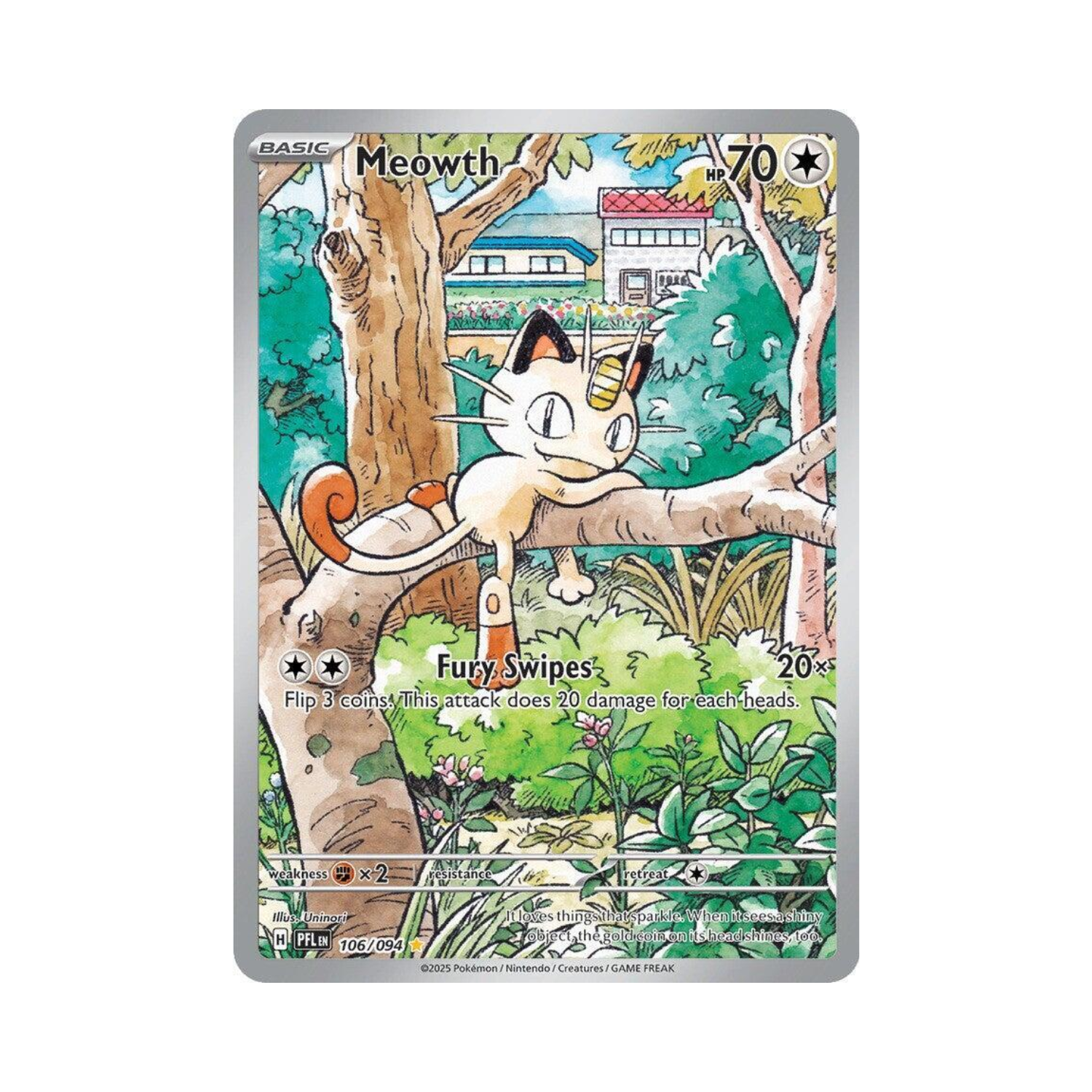 Pokemon card of Meowth, a cat-like creature, on a tree branch in a colorful outdoor setting.