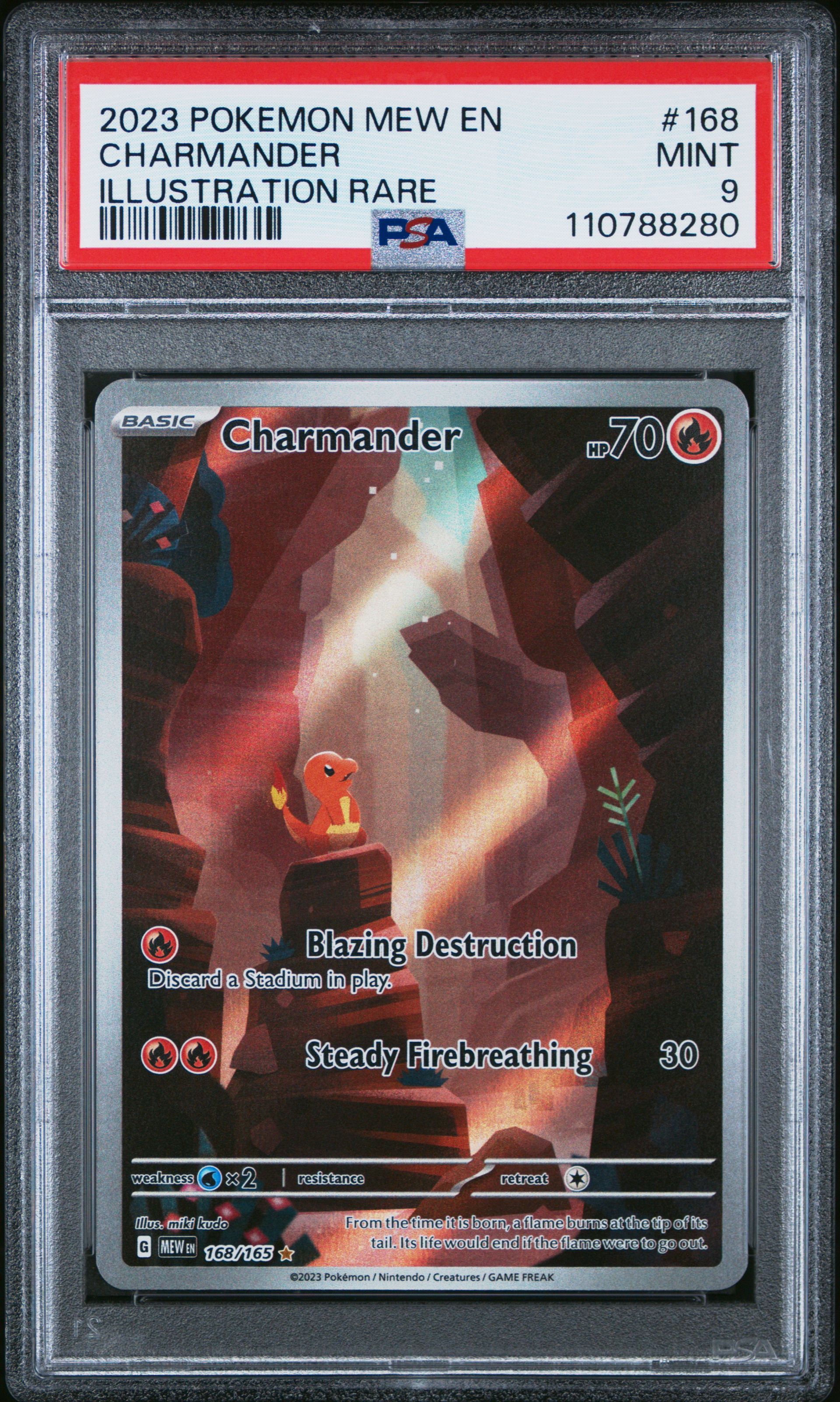 A graded Pokémon card of Charmander, illustration rare, graded 9 (Mint), in a protective case.