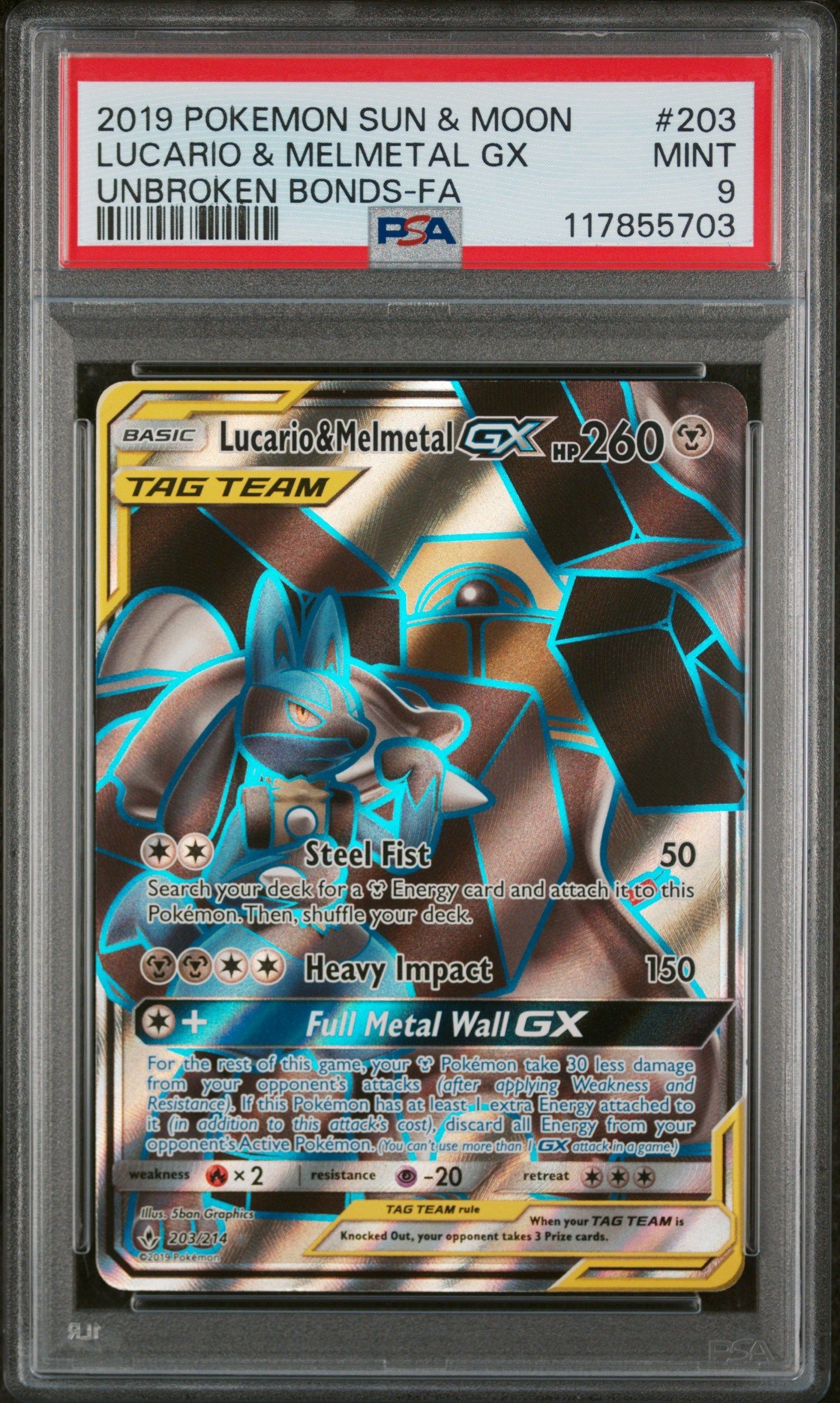 #203 LUCARIO & MELMETAL GX PSA 9
