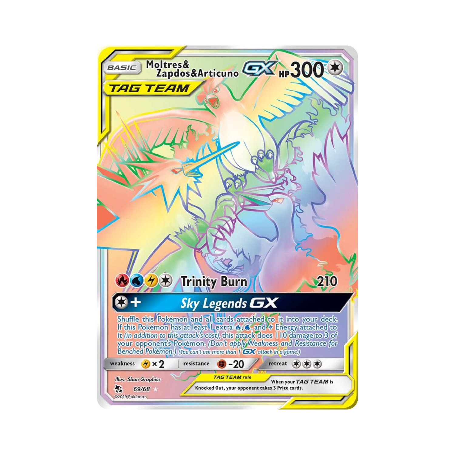 Rainbow-colored Pokemon trading card featuring Moltres & Zapdos & Articuno GX, a Tag Team card.